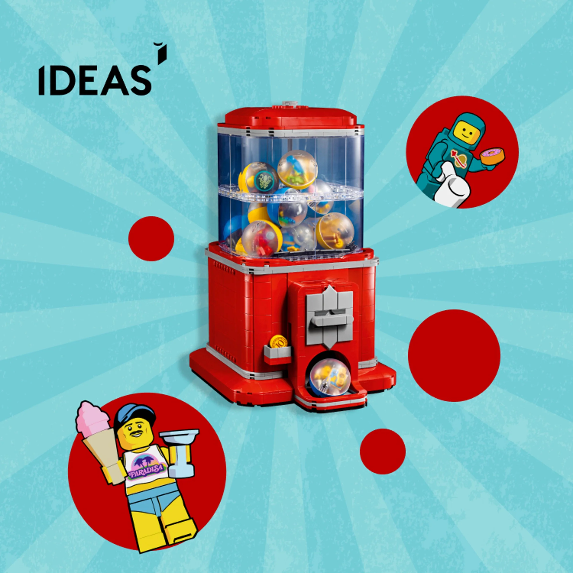 Imagine promoțională cu automatul LEGO, cu minifigurine stilizate alături. Detaliu atractiv, viu colorat.