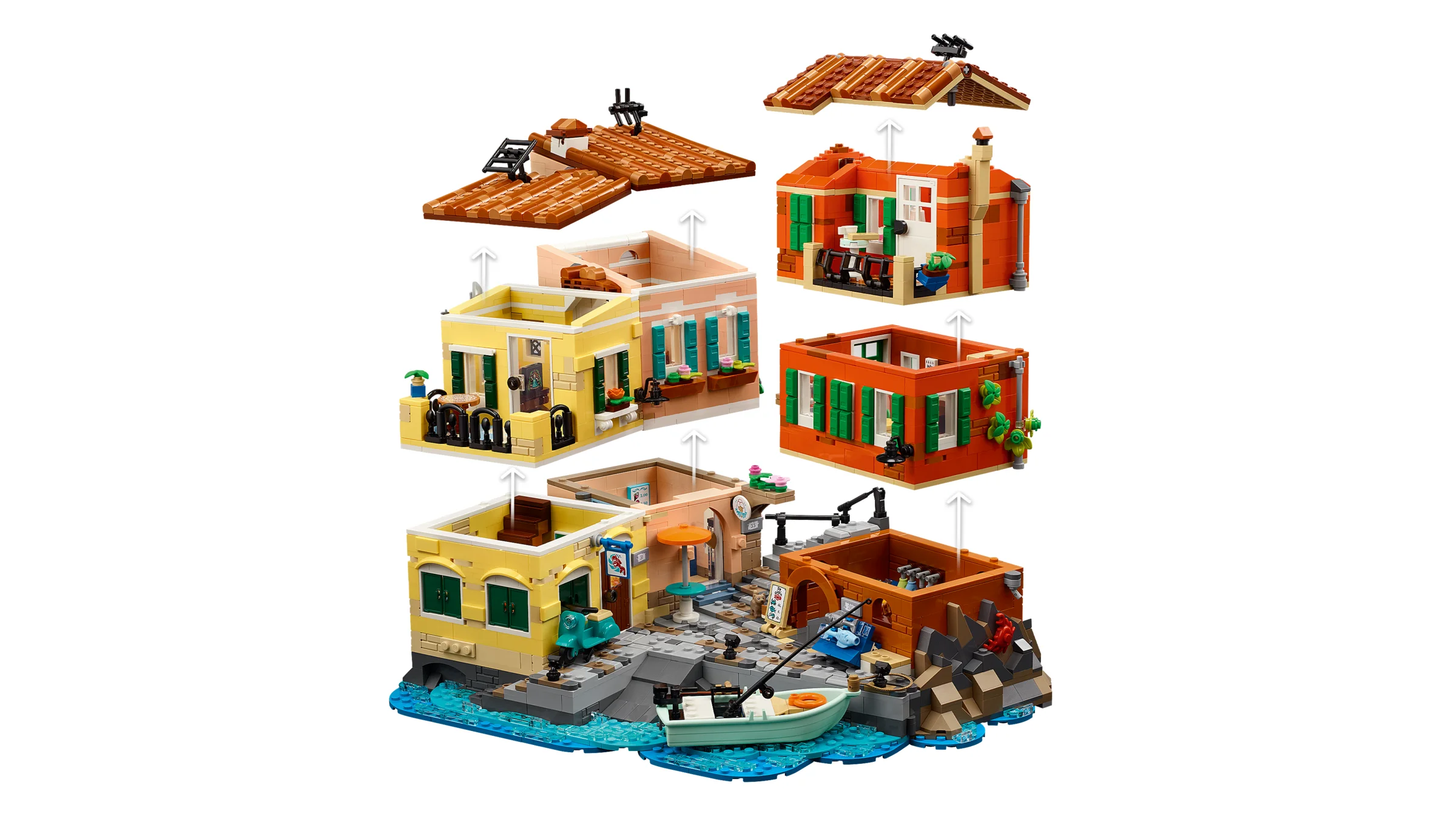 Imagine detaliată a modelului LEGO Italian Riviera, modular, cu clădiri colorate și detalii.