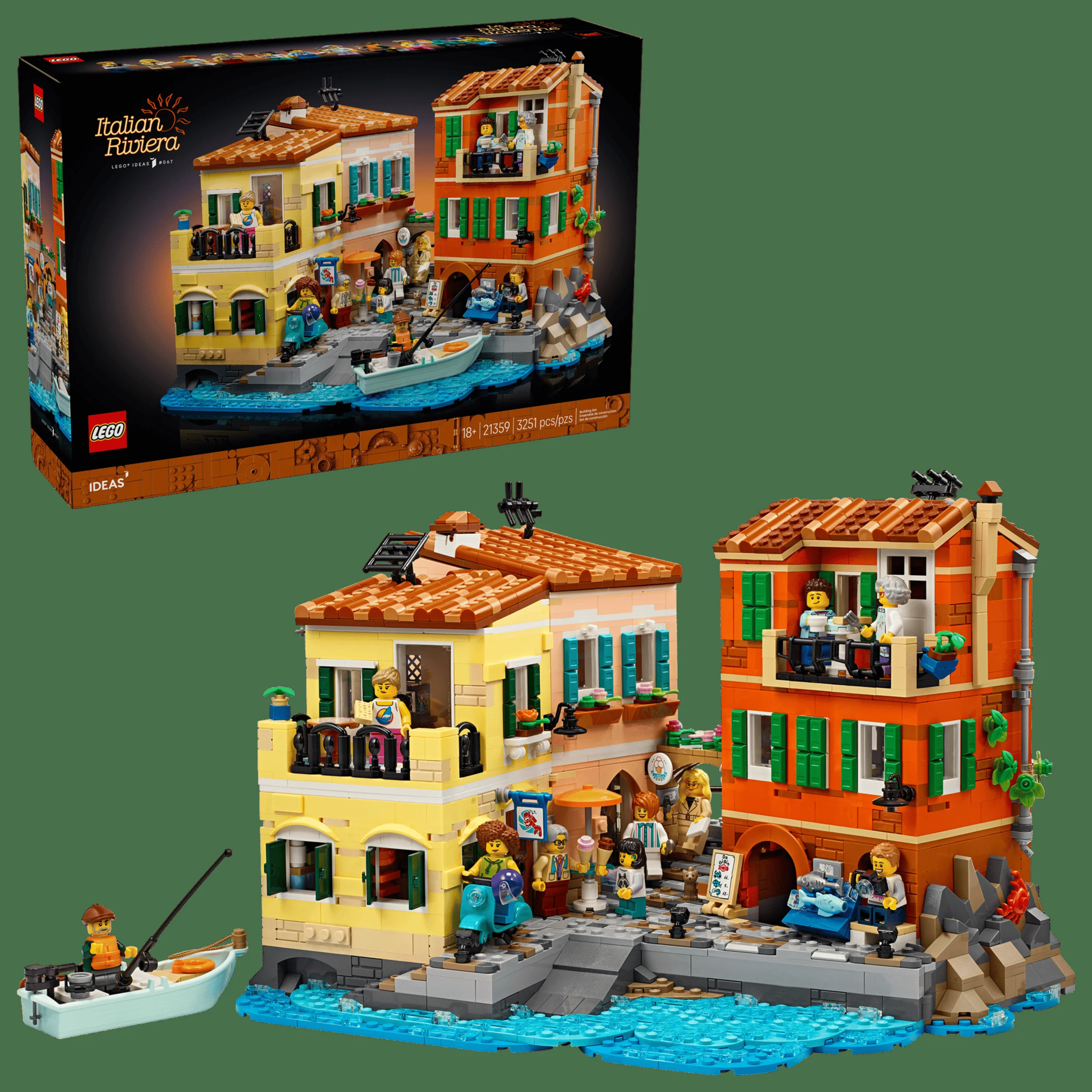 Imagine detaliată a setului LEGO Ideas 21359, Riviera Italiană, cu cutia și modelul asamblat.