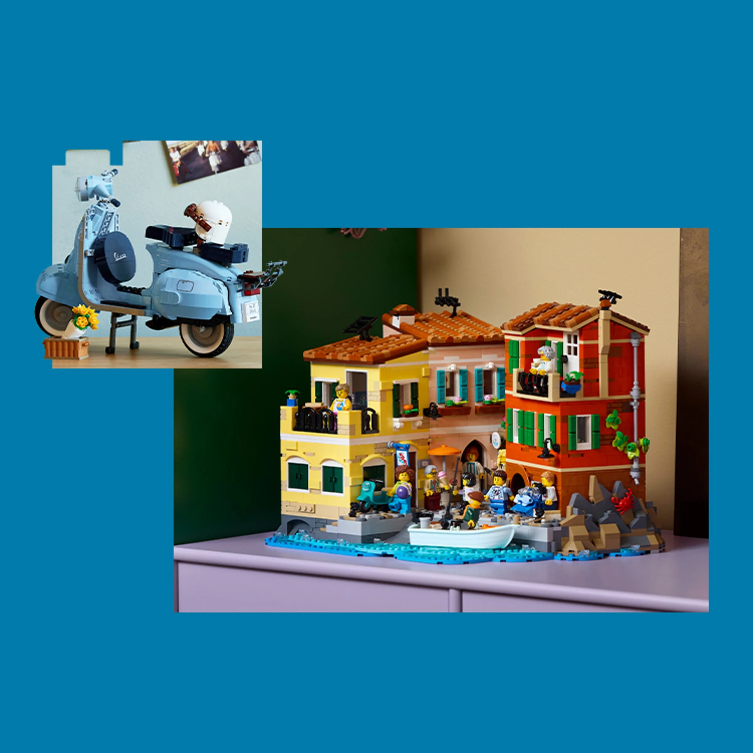 Setul LEGO Ideas Riviera Italiană: clădiri colorate și o Vespa, ce evocă atmosfera italiană.