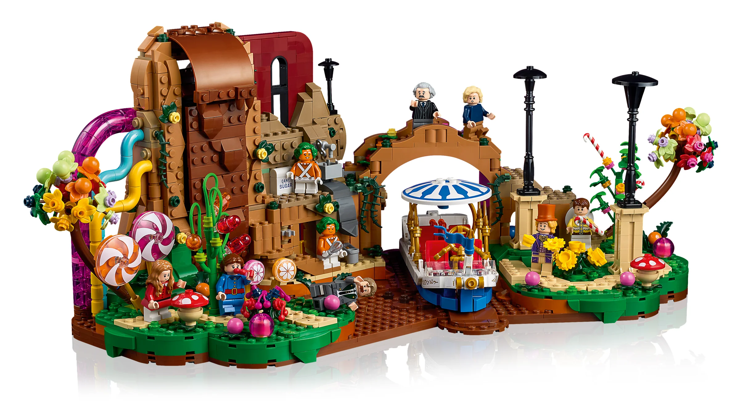 Imagine cu setul LEGO 21360 Willy Wonka & the Chocolate Factory, o scenă detaliată și colorată.