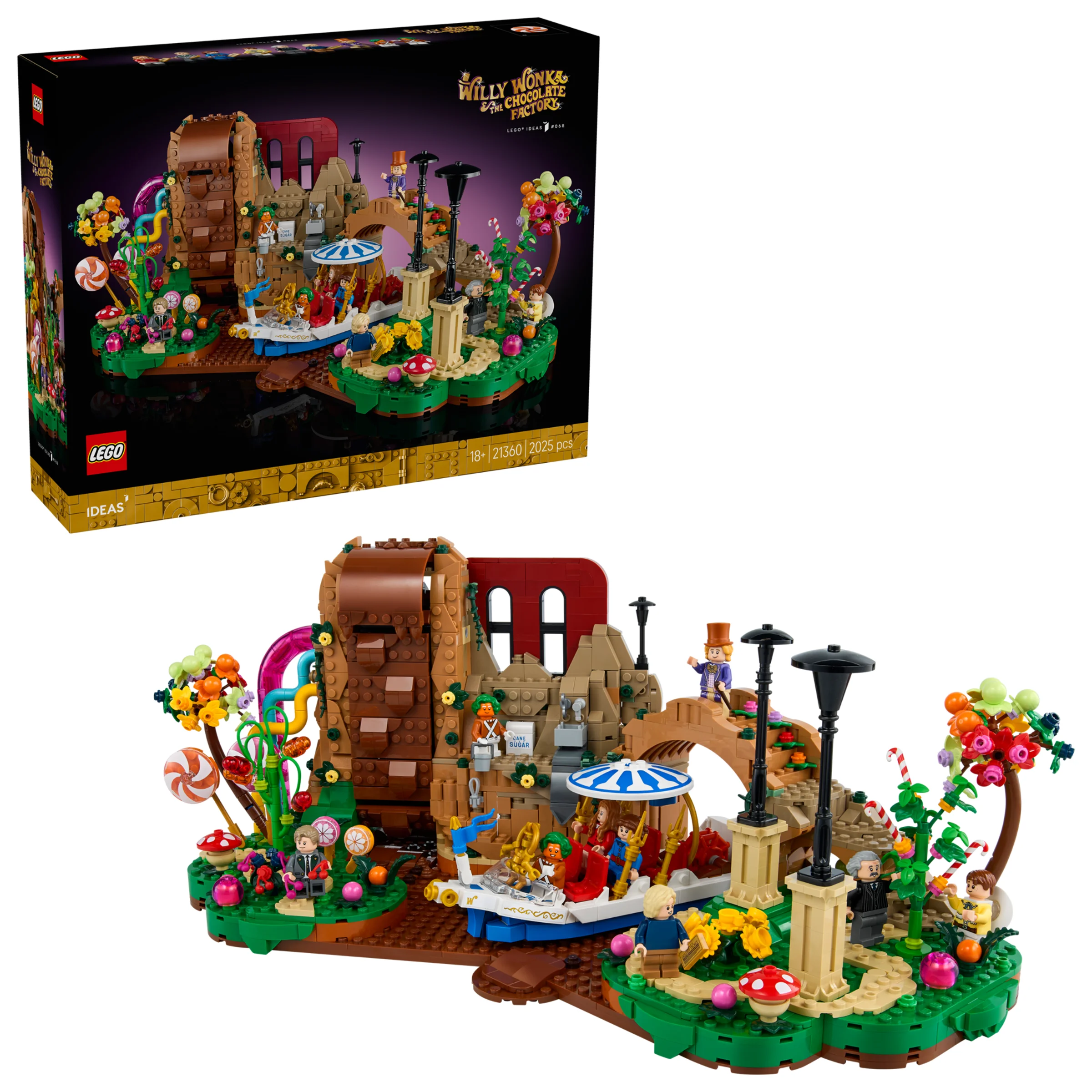 Imagine cu setul LEGO 21360 Willy Wonka și Fabrica de Ciocolată, alături de cutia sa.
