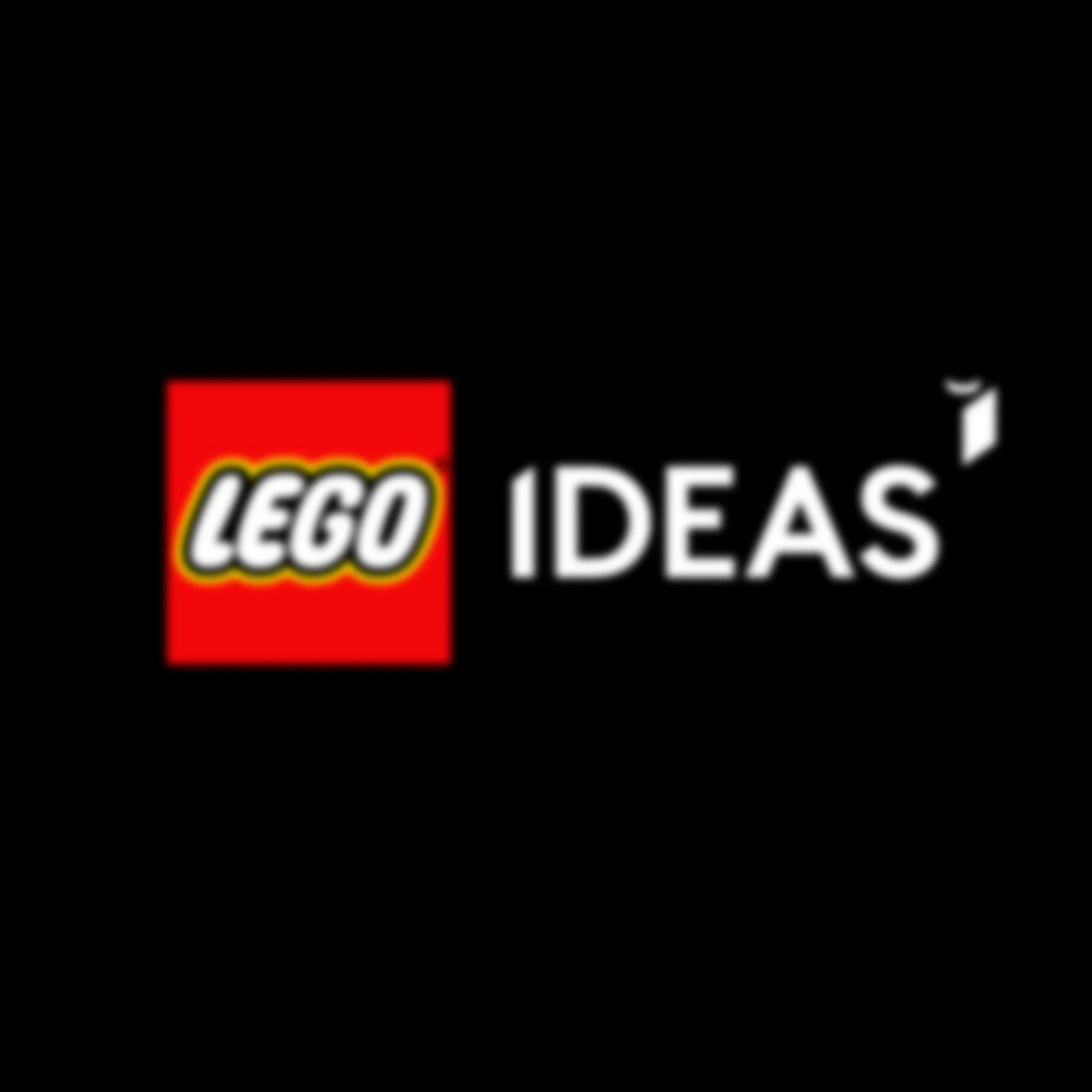 Logo LEGO Ideas. Logo-ul este roșu și alb pe un fundal negru.
