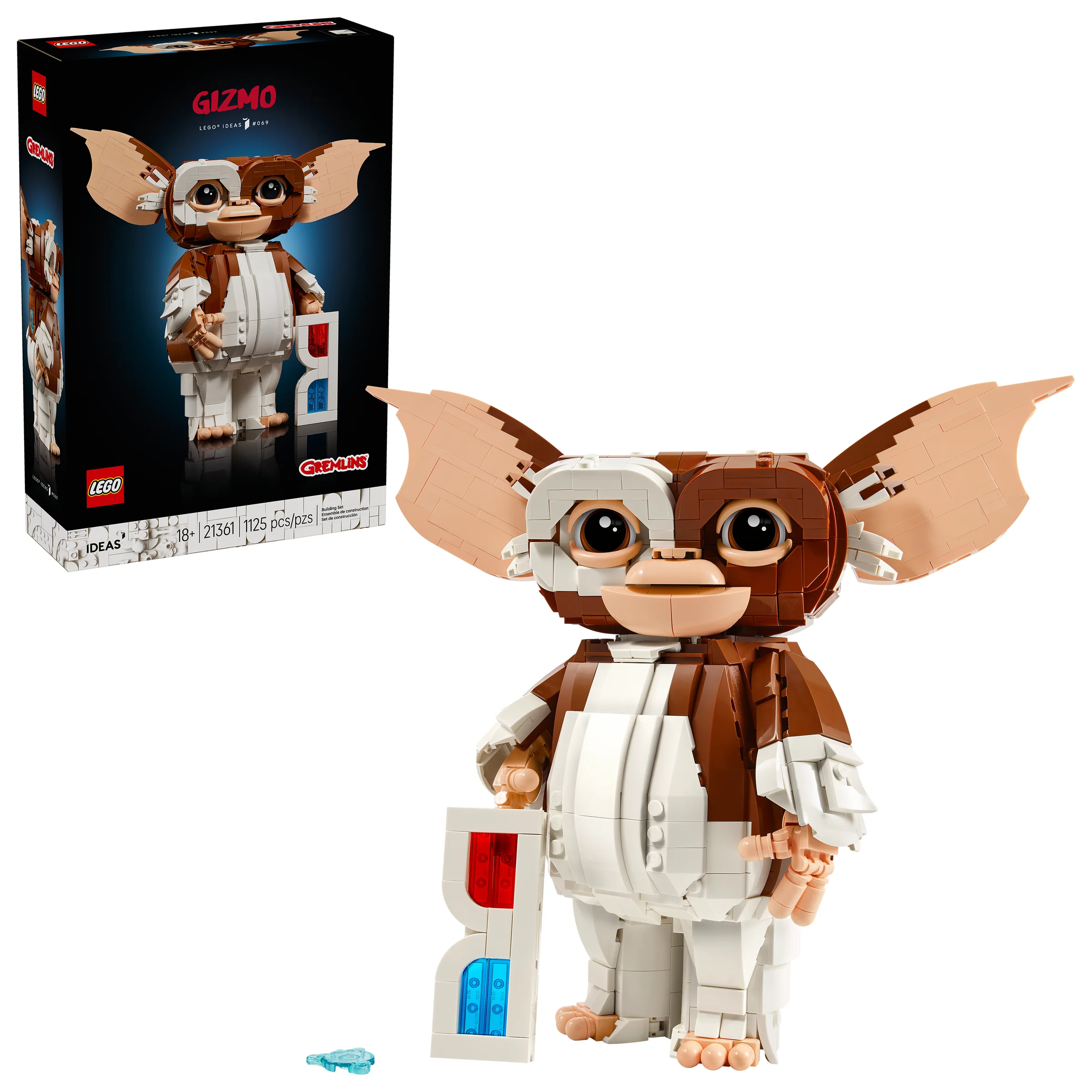 Imagine cu modelul LEGO Gizmo (21361) și cutia. Un cadou perfect pentru fanii Gremlins!