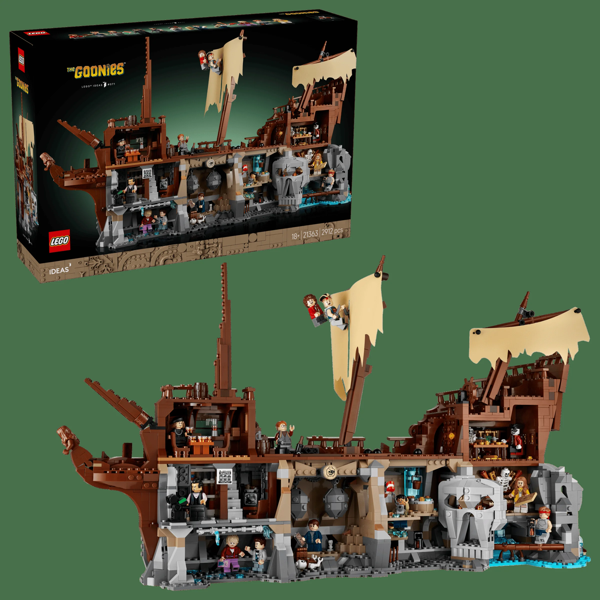 Imagine detaliată cu setul LEGO 21363 Goonies, incluzând nava și cutia produsului.