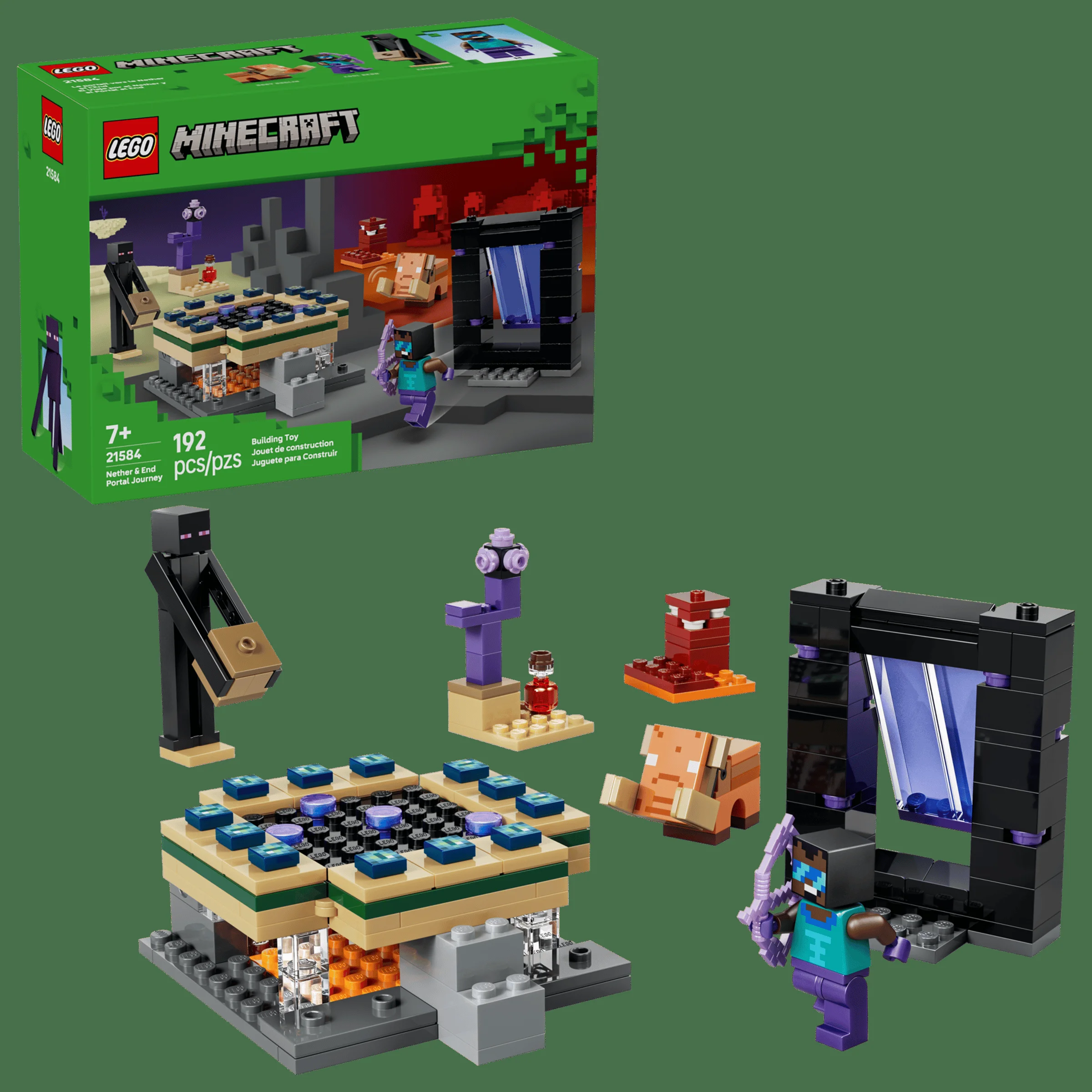 Setul LEGO Minecraft 21584, o călătorie între Nether și End. Include minifigurine și portaluri detaliate.