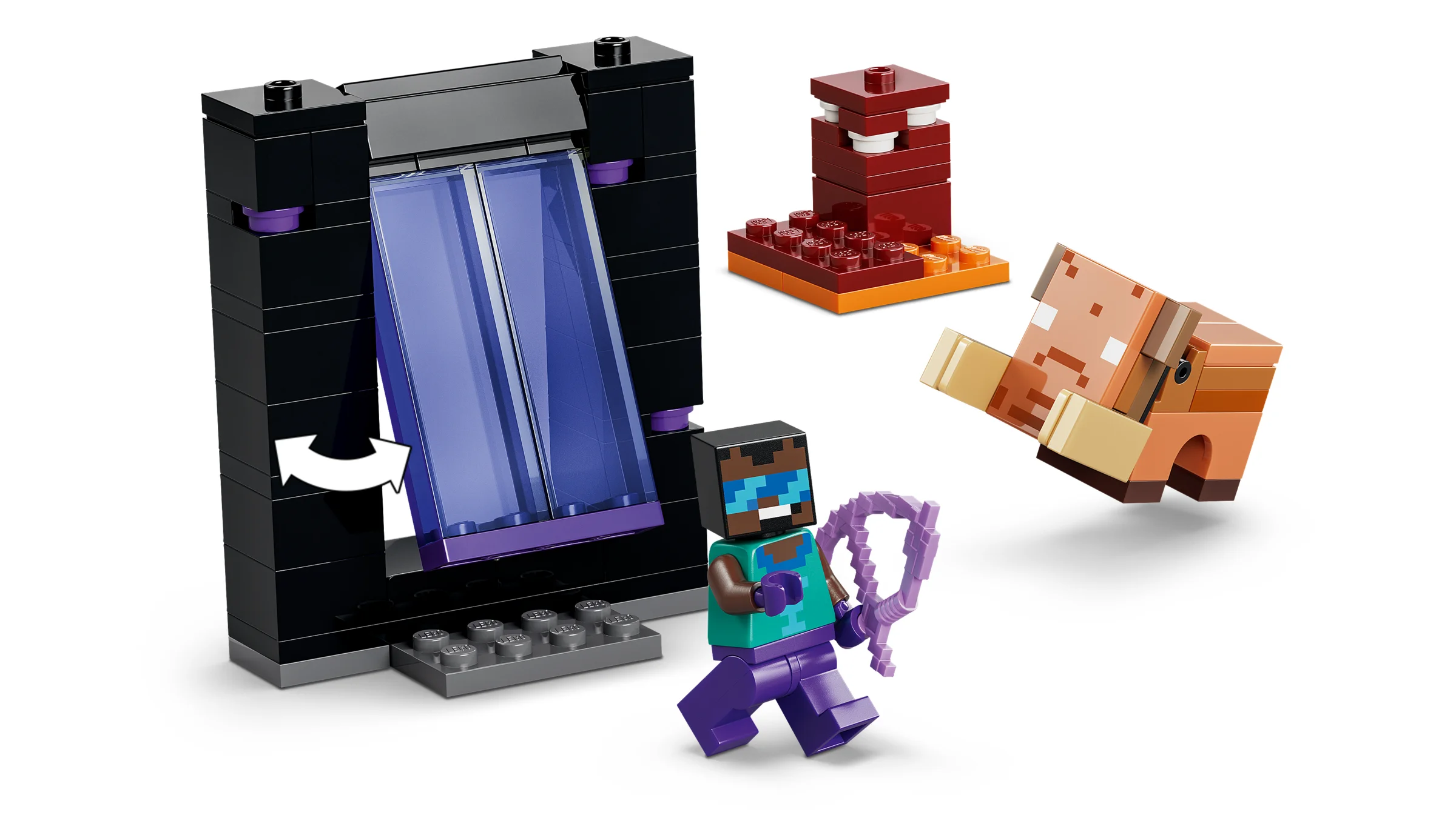 Imagine cu setul LEGO Minecraft 21584, poartă Nether și End, cu minifigurine și detalii.