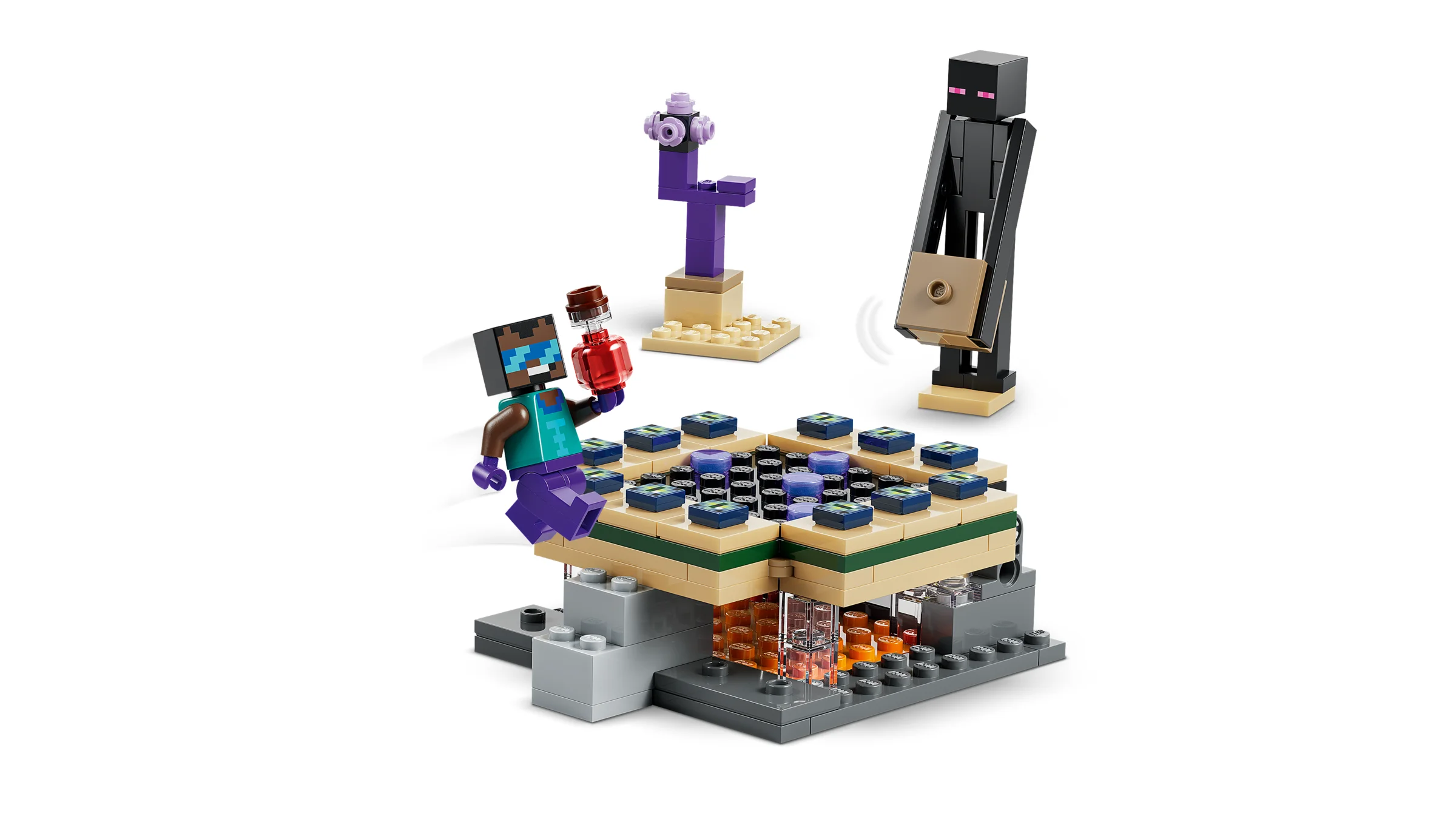 Imagine cu setul LEGO Minecraft 21584, cu portalul Nether și End, plus minifigurinele. 