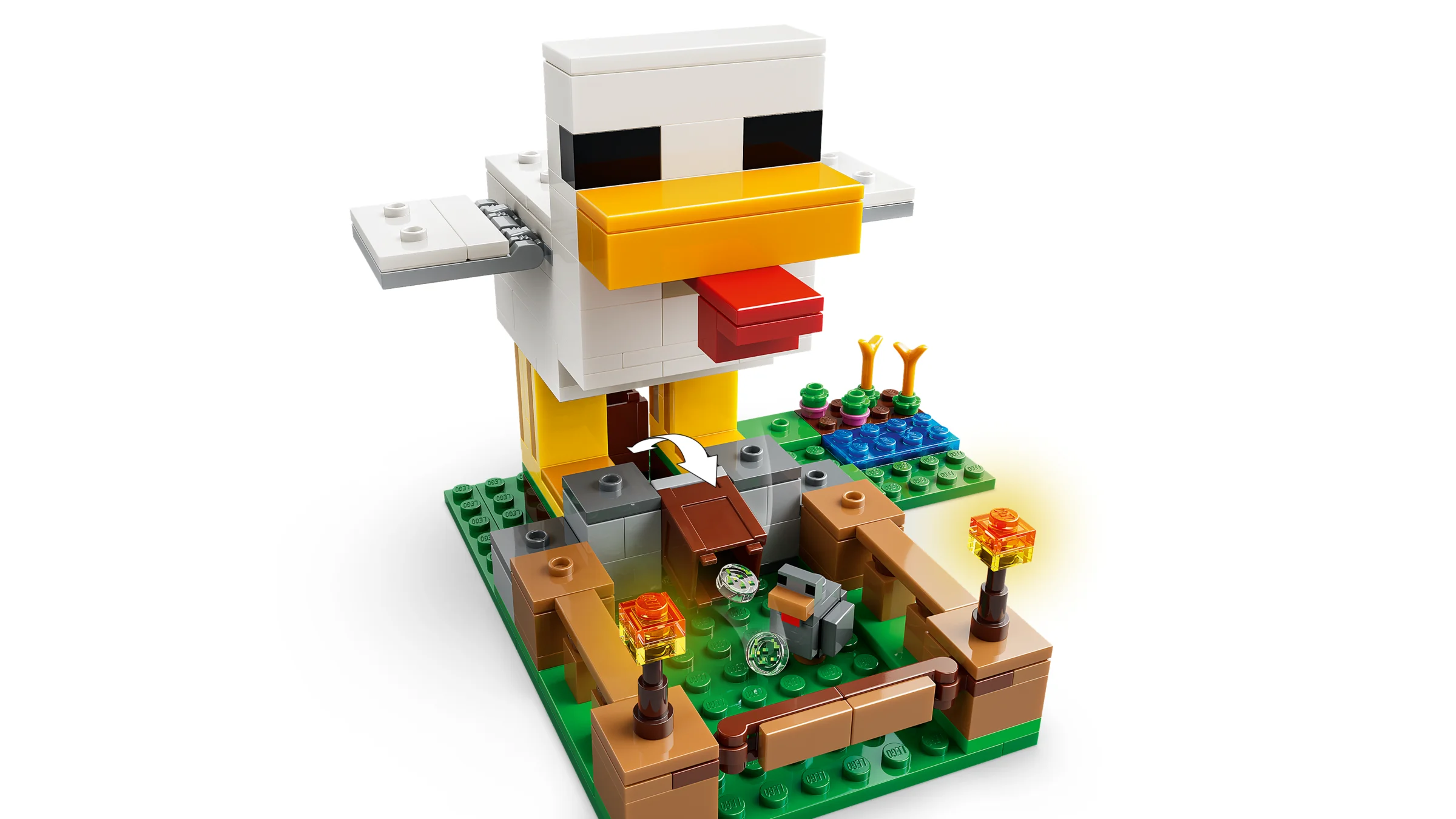 Imagine cu Ferma de Găini Minecraft LEGO (21585), detaliind funcțiile și minifigurinele incluse.