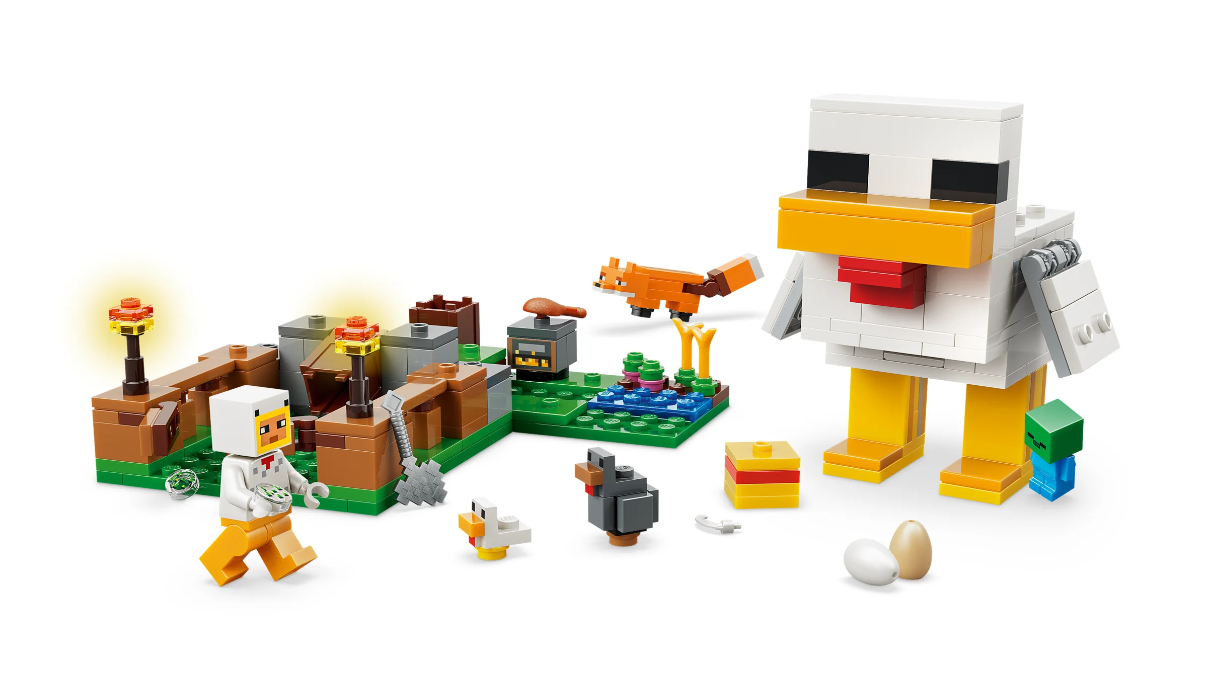 Imagine cu setul LEGO Minecraft 21585: Ferma de găini. Include minifigurine și elemente din joc.