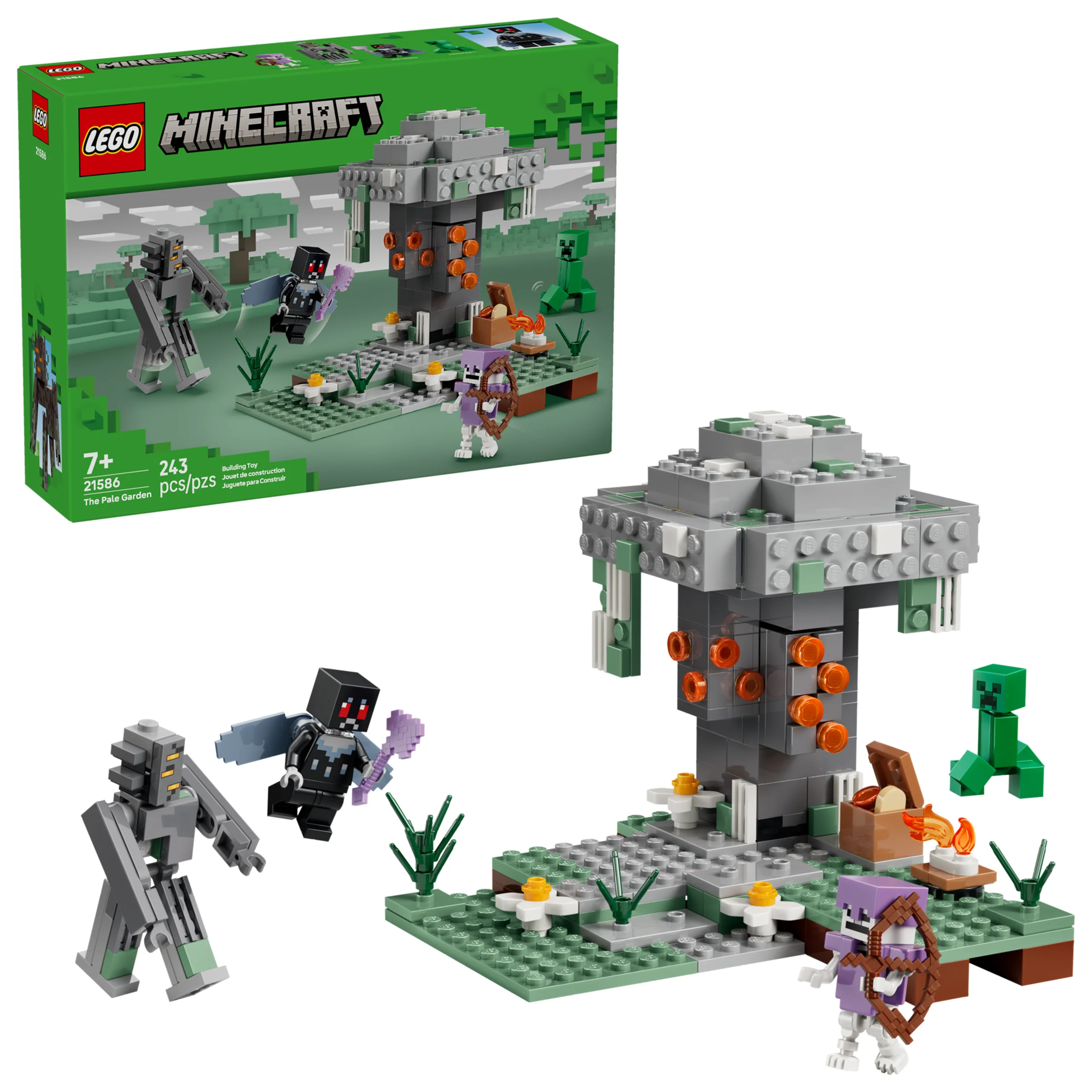 Imagine cu setul LEGO Minecraft 21586 „Grădina Palidă”, cu minifigurine și detalii ale construcției.