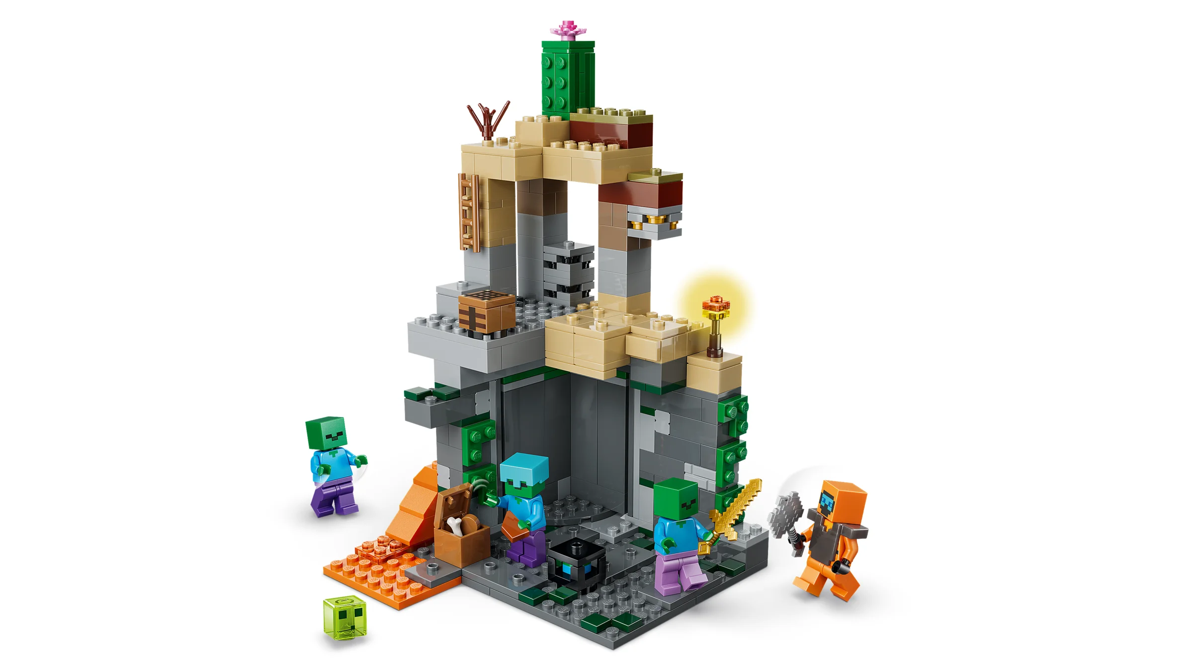 Imagine cu setul LEGO Minecraft 21587, „Închisoarea Zombie”. Prezintă modelul asamblat și figurinele.