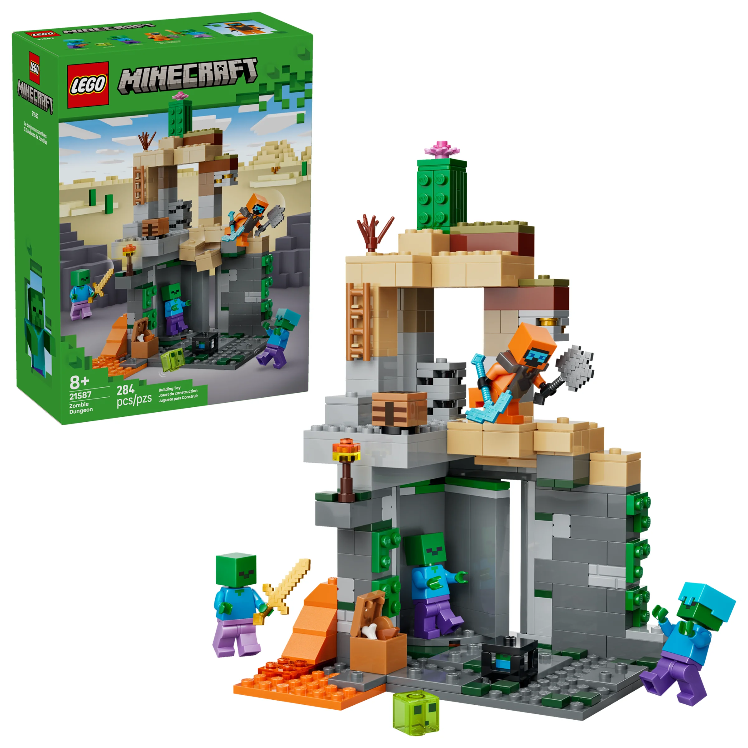 Imagine cu setul LEGO Minecraft 21587 „Temnița Zombie”, arătând modelul și cutia. Detalii despre minifigurine și construcție.