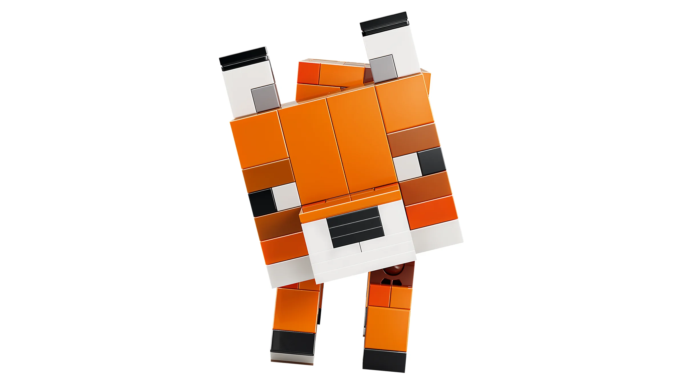 Un model LEGO detaliat al unui vulpoi din Minecraft, cu elemente cubice. O jucărie simpatică!