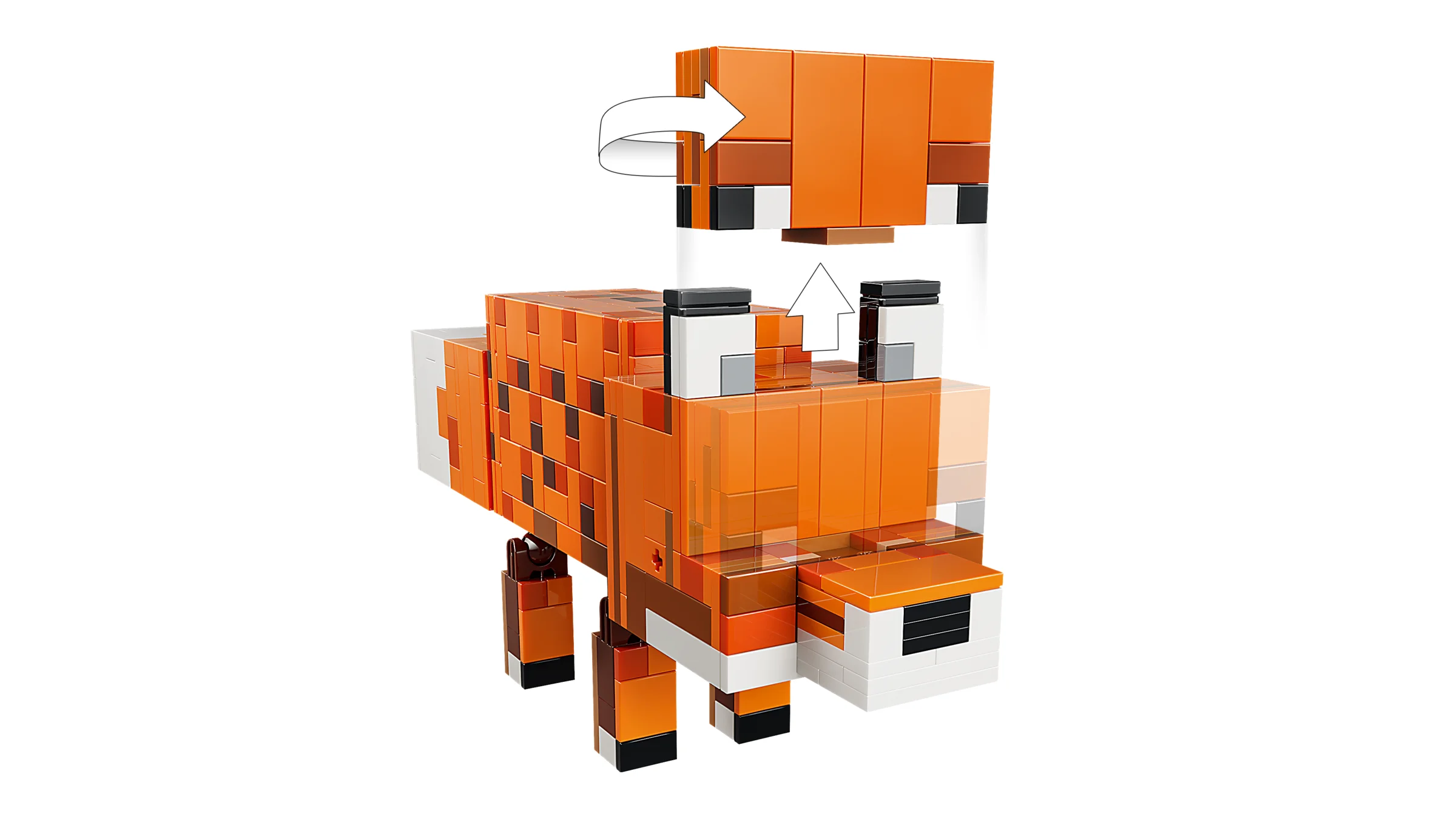 Modelul LEGO Minecraft Vulpea (21588) detaliat, cu capul detașabil. O jucărie interactivă.