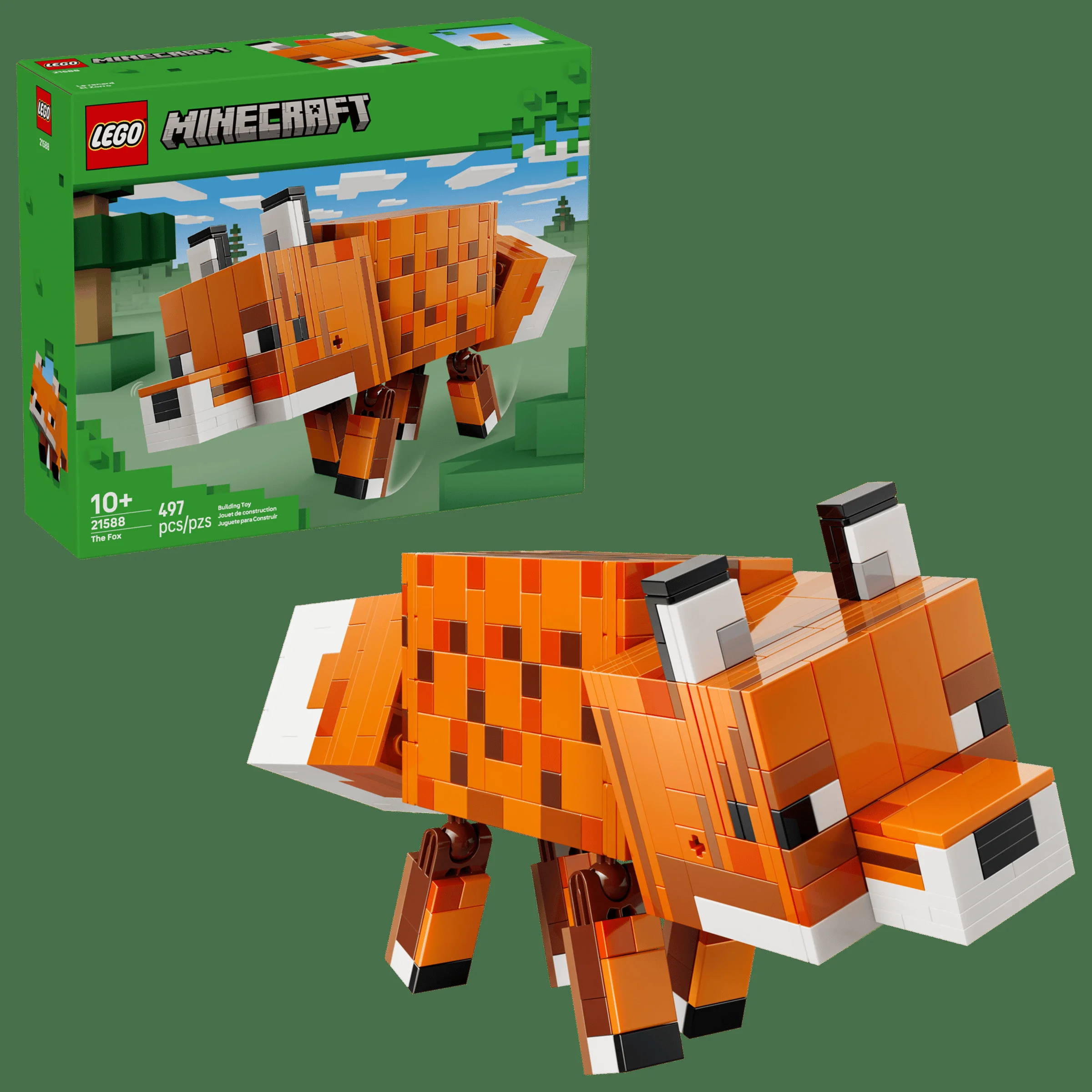 Imagine prezintă setul LEGO Minecraft Vulpea (21588) și cutia acestuia. Modelul este detaliat, în stil Minecraft.