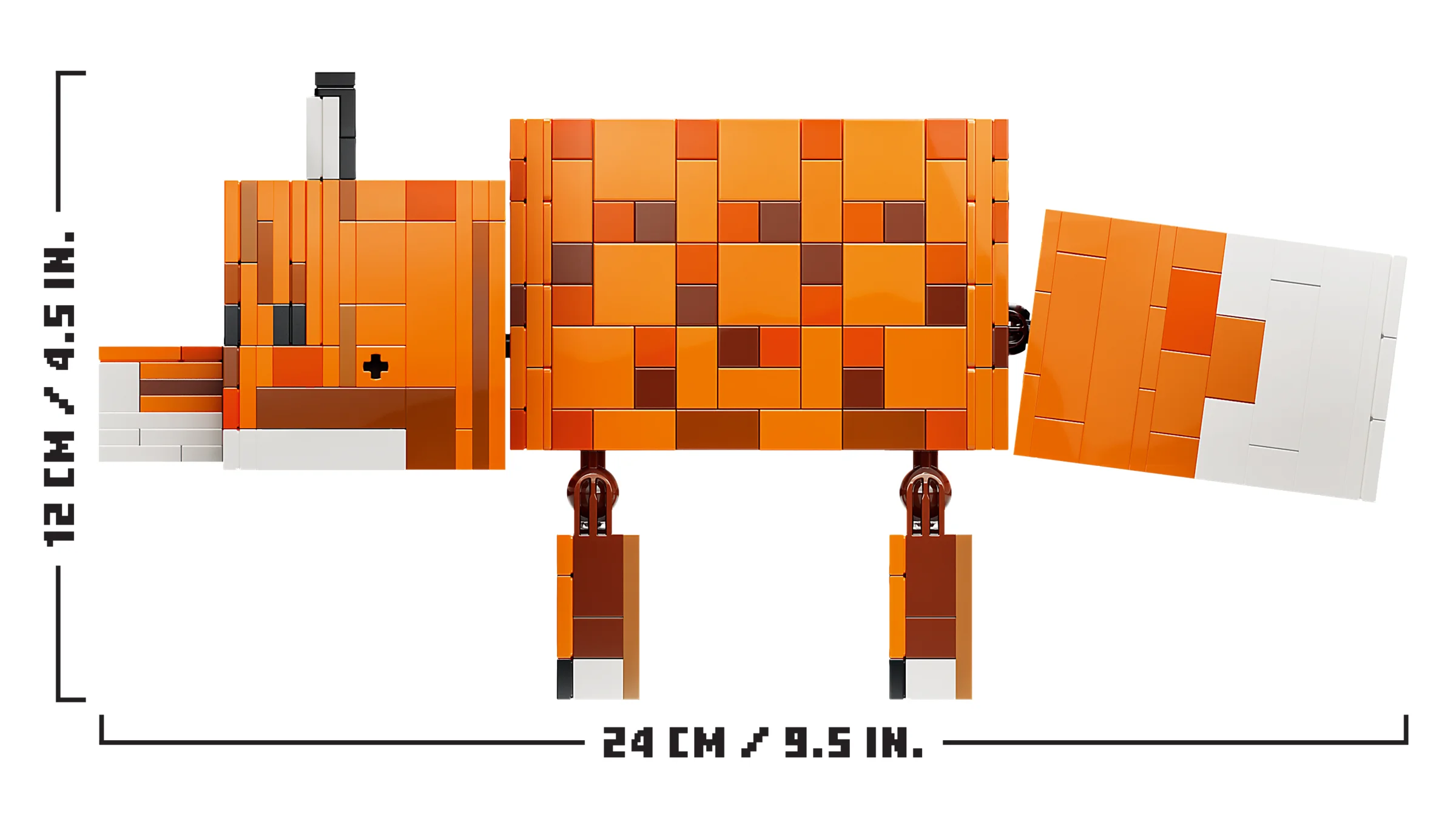 Imagine cu vulpea LEGO Minecraft, prezentând dimensiunile (24cm x 12cm).