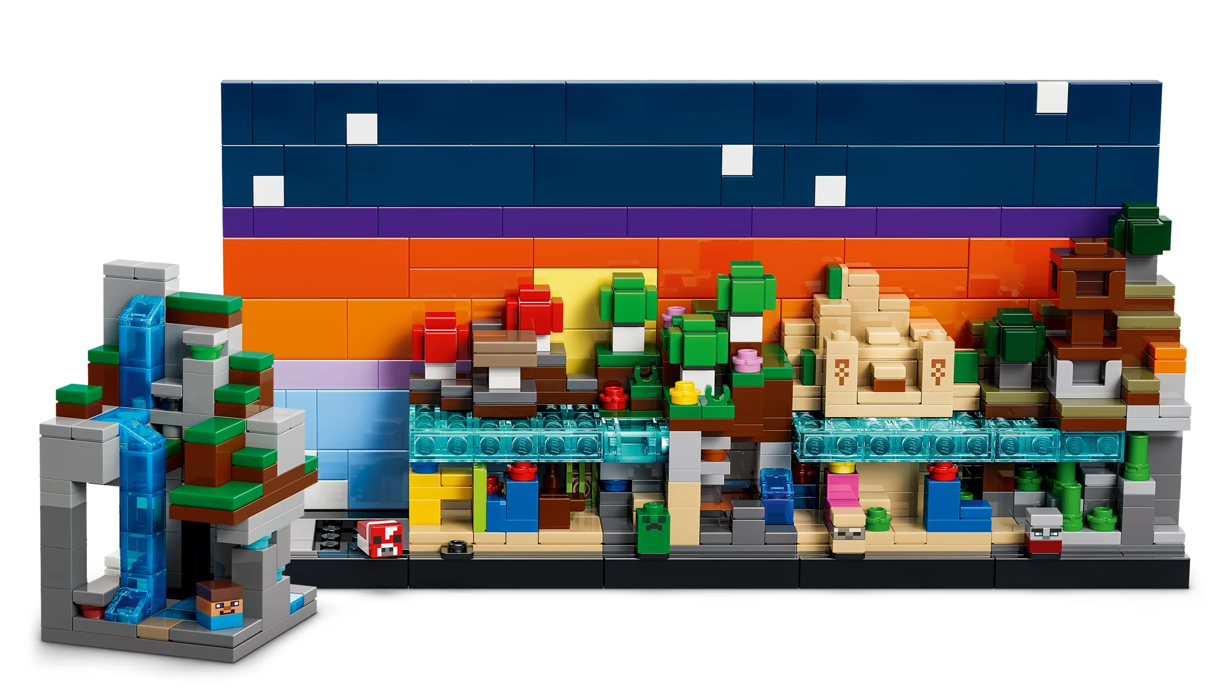 Set LEGO Minecraft 21589 Mini Biomes. Diarama cu biomi diverși Minecraft, inclusiv o cascadă. 