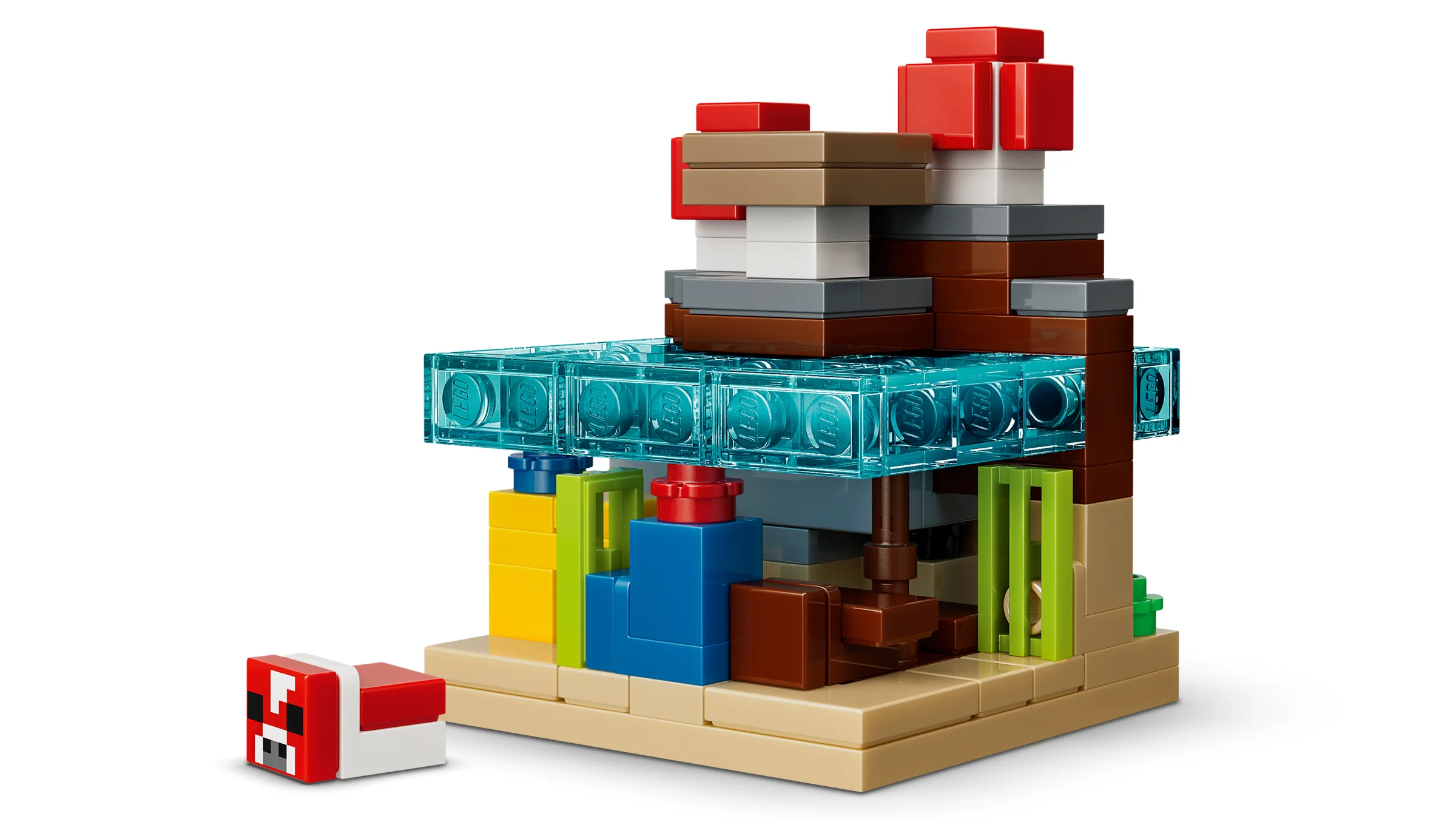 Prim-plan cu un model detaliat LEGO Minecraft. Prezintă culori vii și texturi diverse.