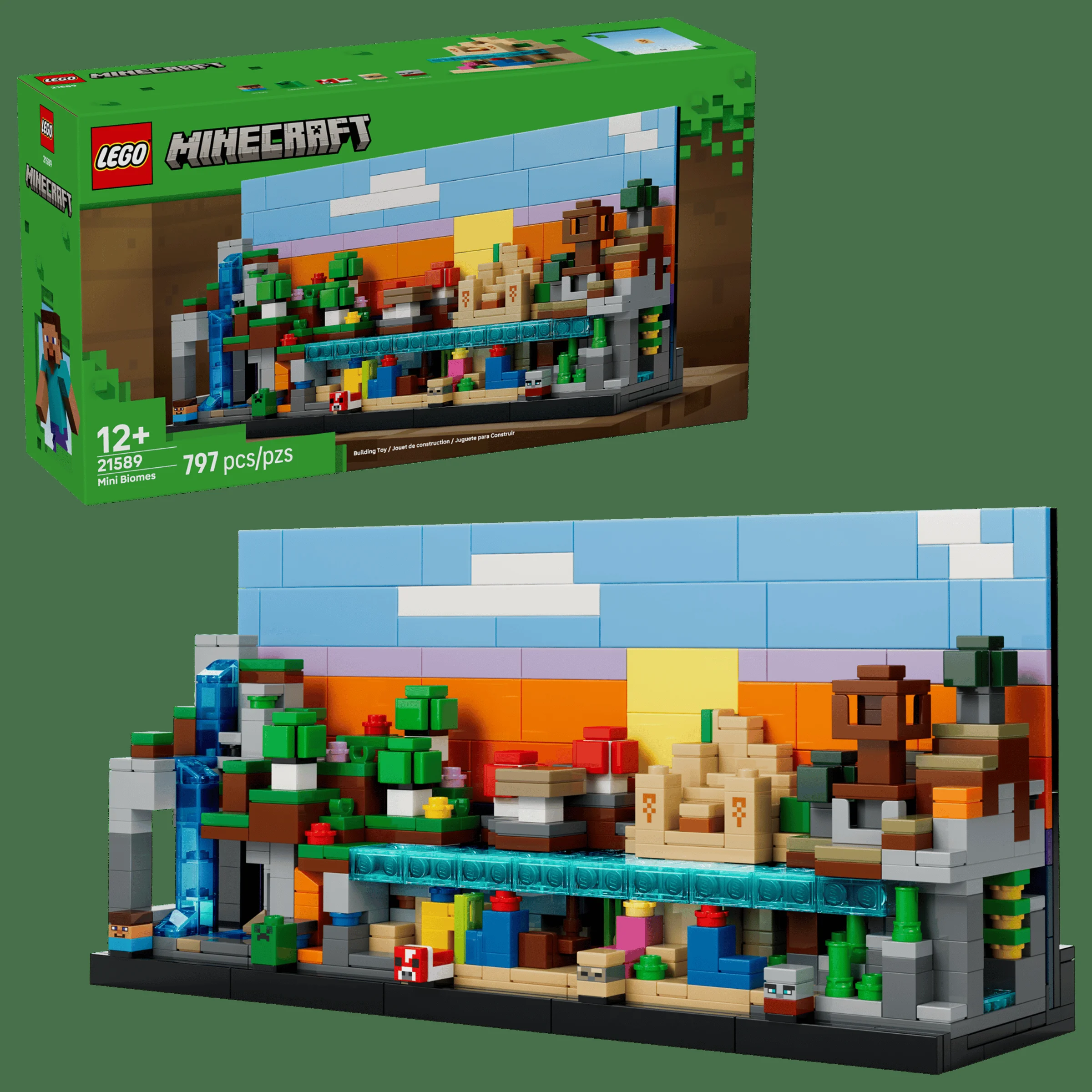 Imagine cu setul LEGO Minecraft 21589 Mini Biomes, incluzând cutia și modelul asamblat. Detalii vizibile ale biomes.
