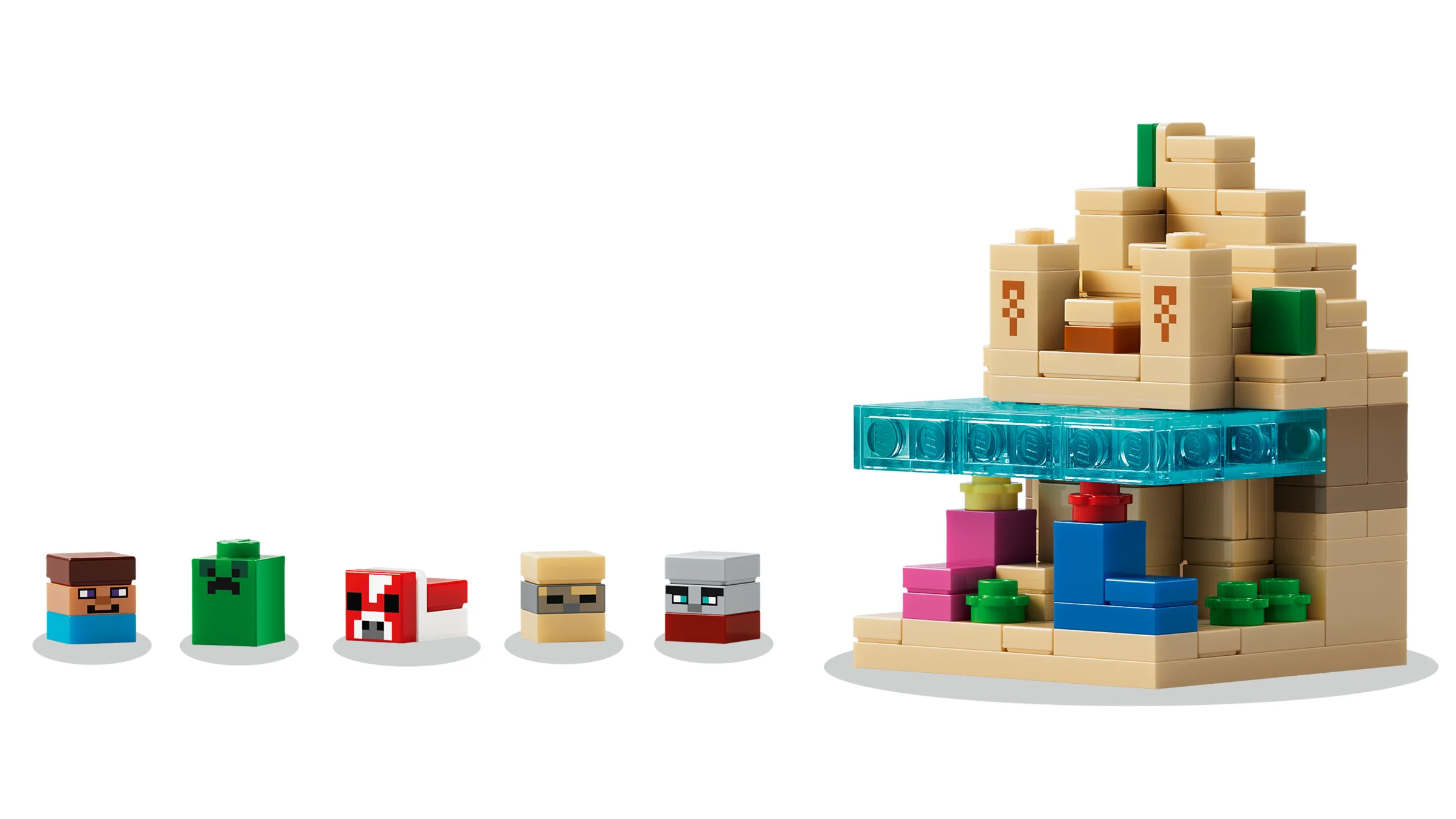 Imagine cu setul LEGO Minecraft 21589, prezentând biomele mini construite și minifigurinele incluse.
