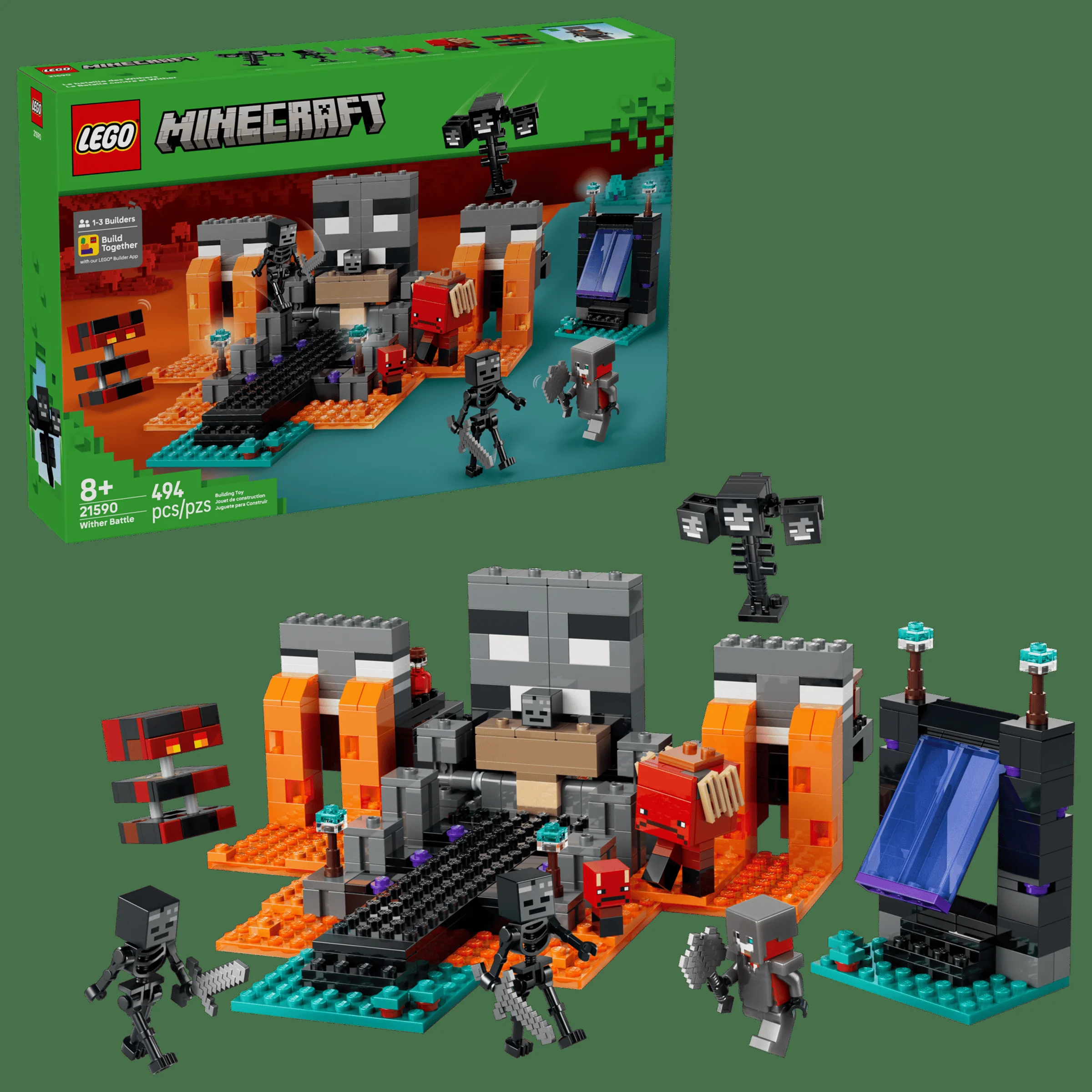 Imagine cu setul LEGO Minecraft 21590, Bătălia Wither, ce include minifigurine și detalii ale scenei.