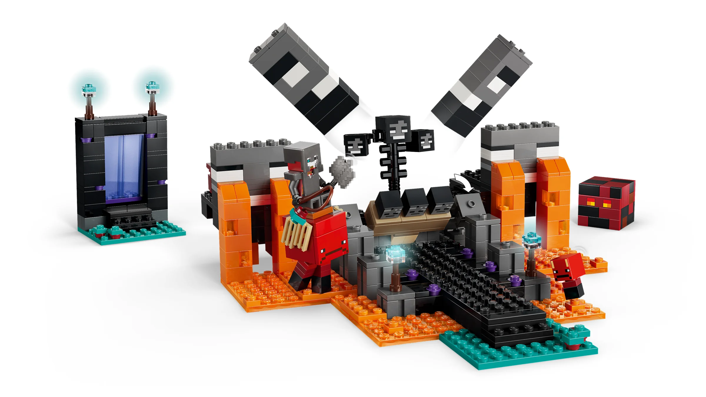 Imagine cu setul LEGO Minecraft Bătălia Wither. Scene detaliate cu minifigurine și structuri.