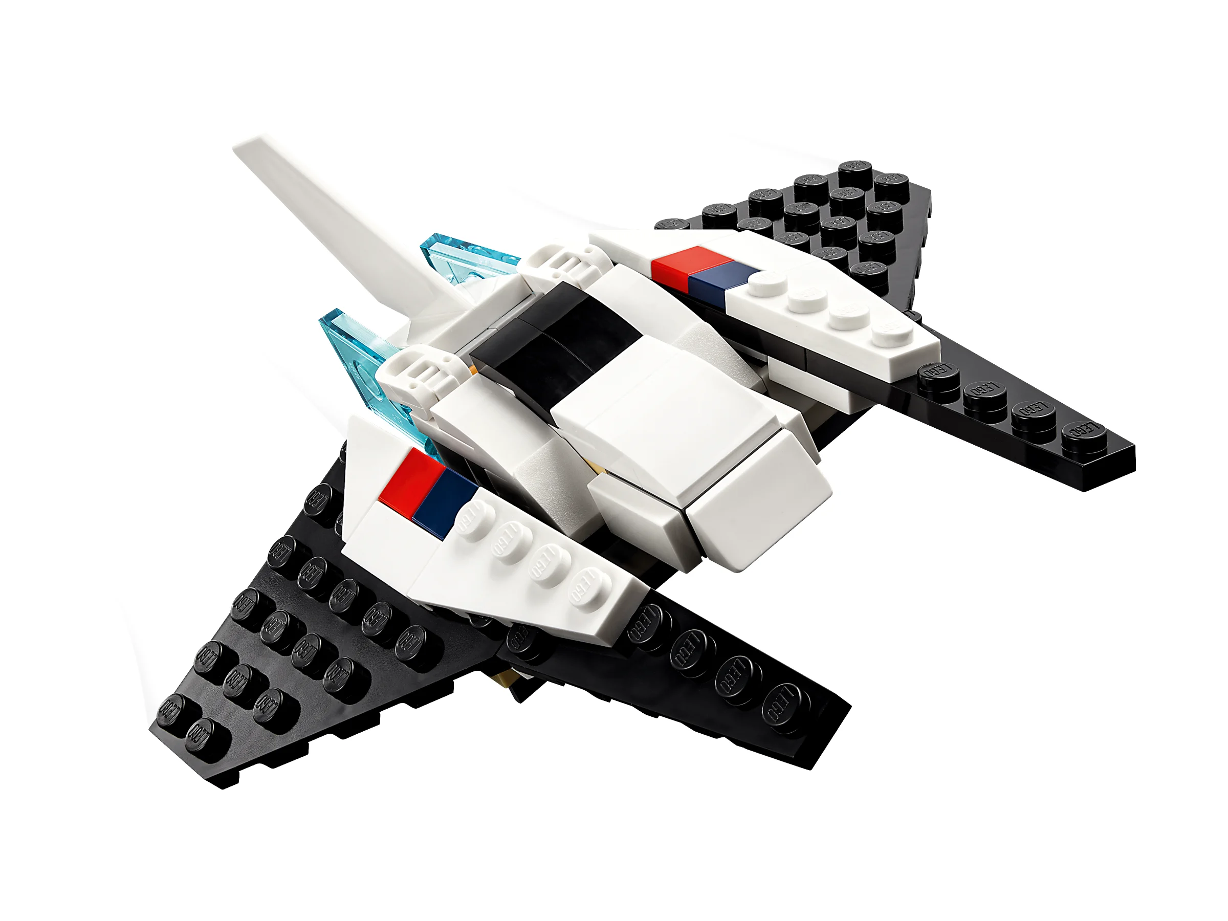 O imagine detaliată a modelului Space Shuttle, alb și negru, din LEGO Creator 31134.