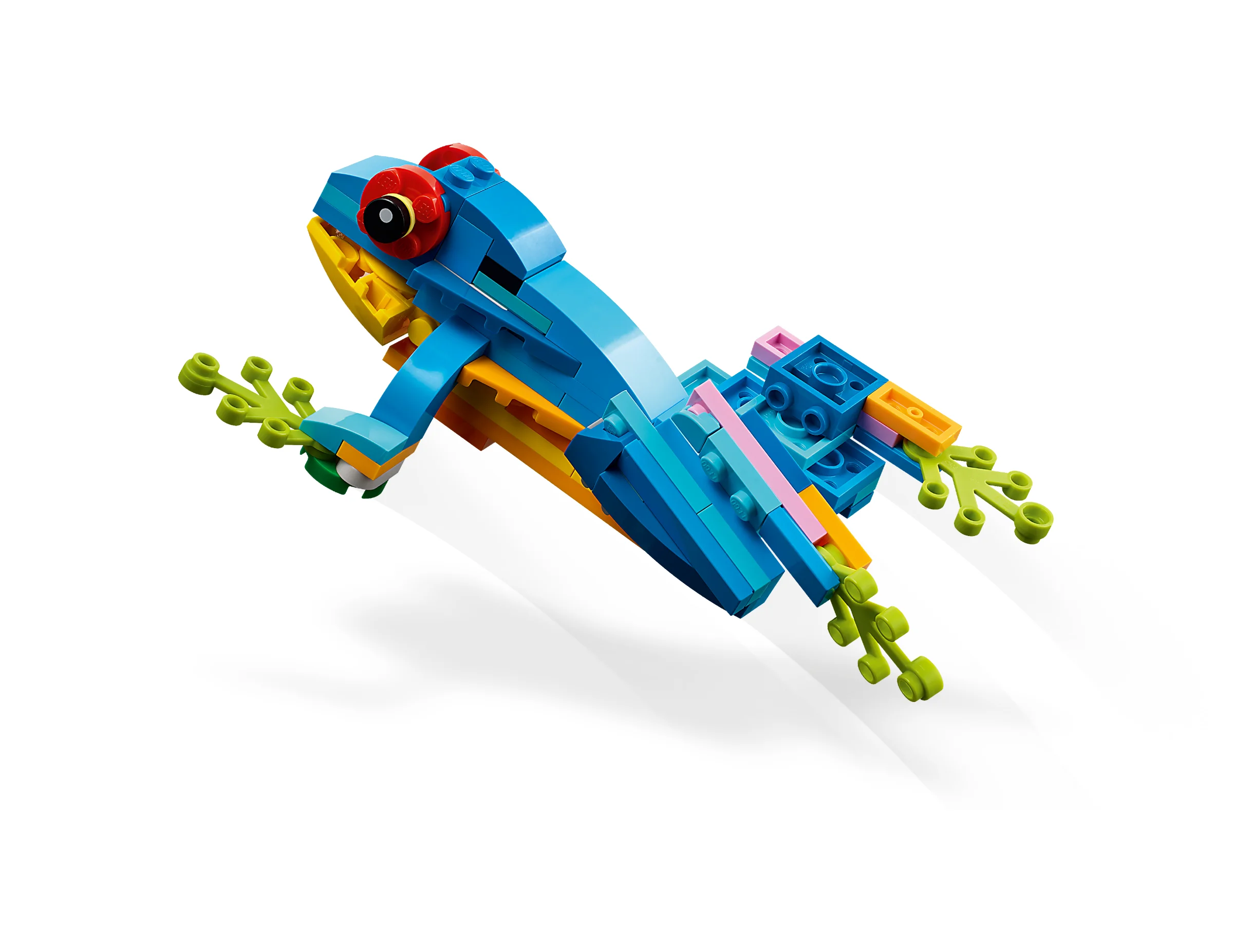 O broască exotică LEGO, albastră, cu ochi roșii și picioare verzi, pe un fundal alb.