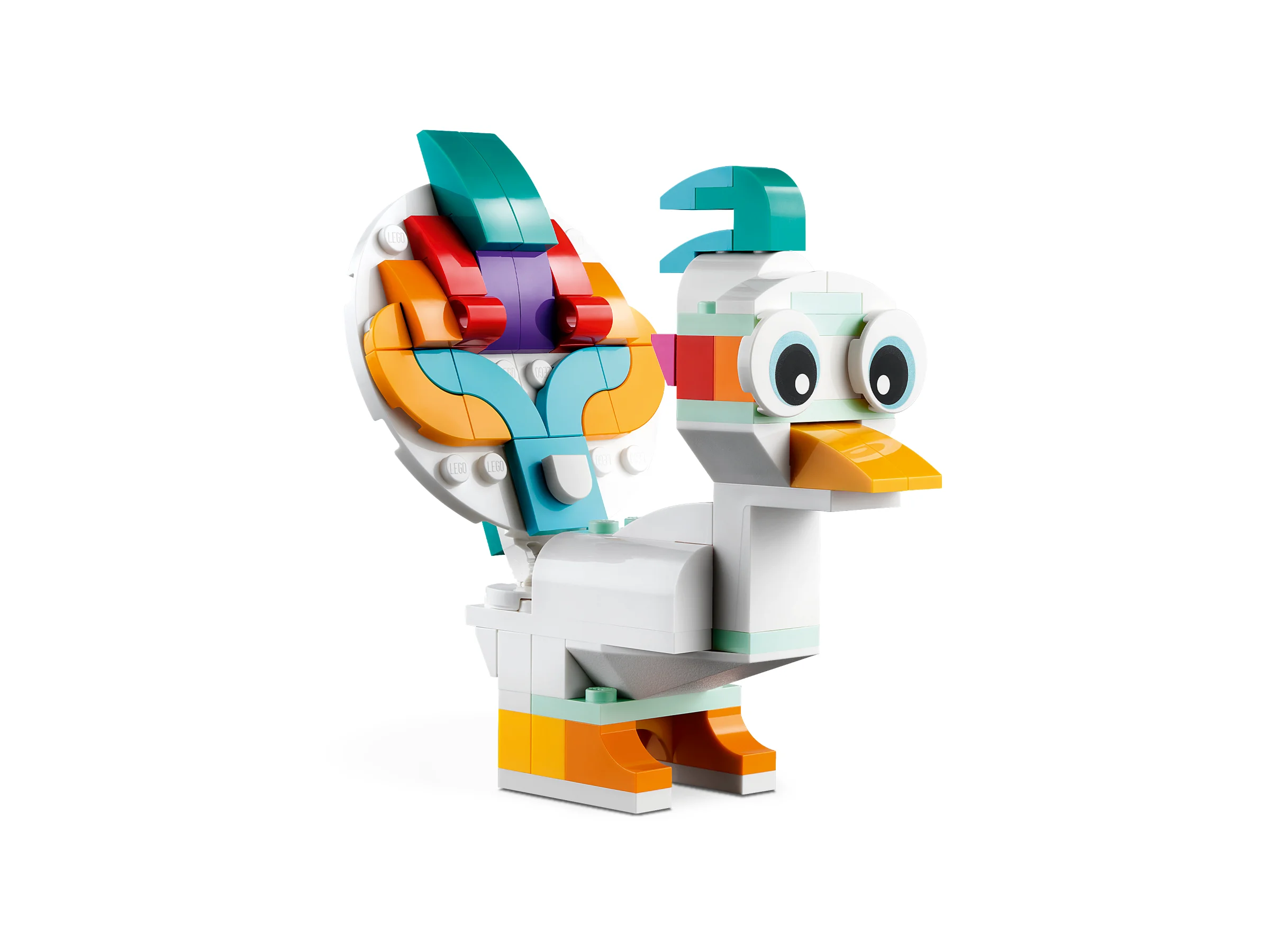 O pasăre colorată construită din cărămizi LEGO, parte a setului Creator 31140.