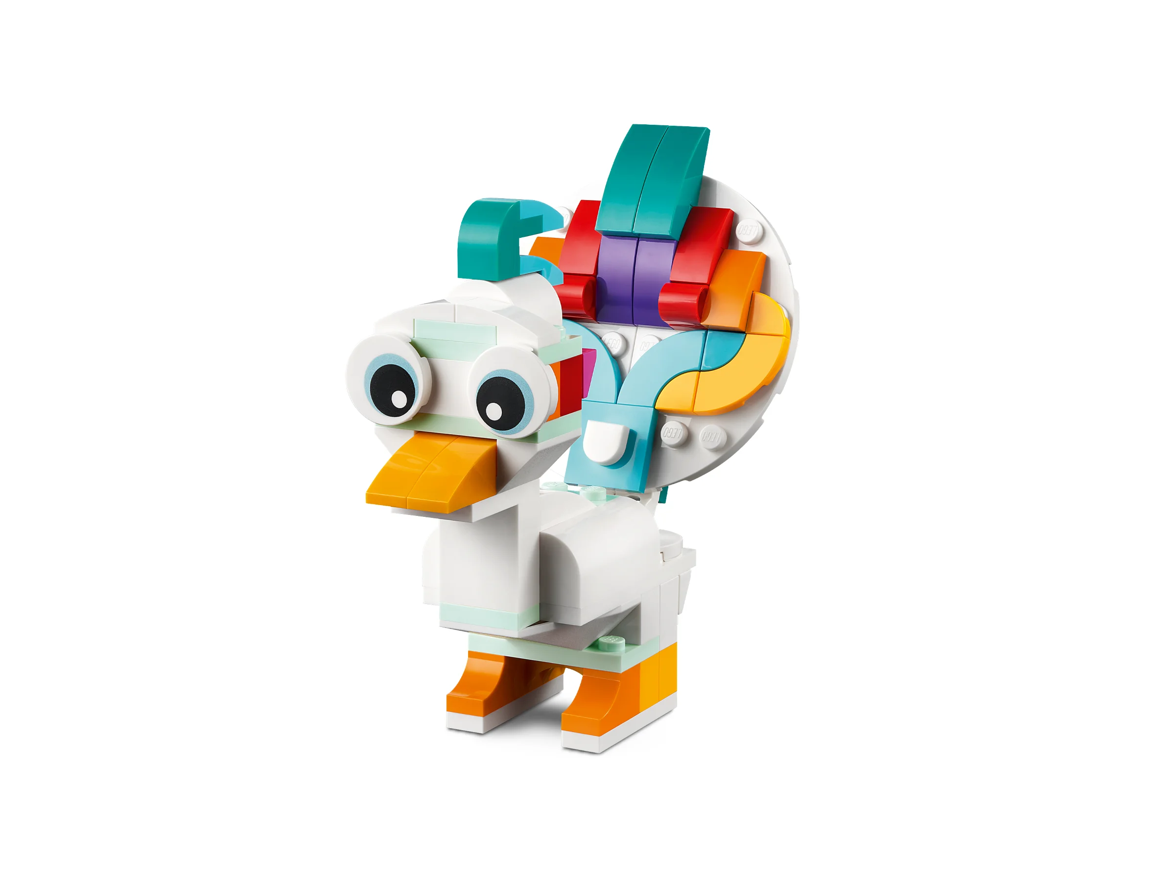 O rață colorată din cărămizi LEGO, cu detalii amuzante și aspect prietenos.