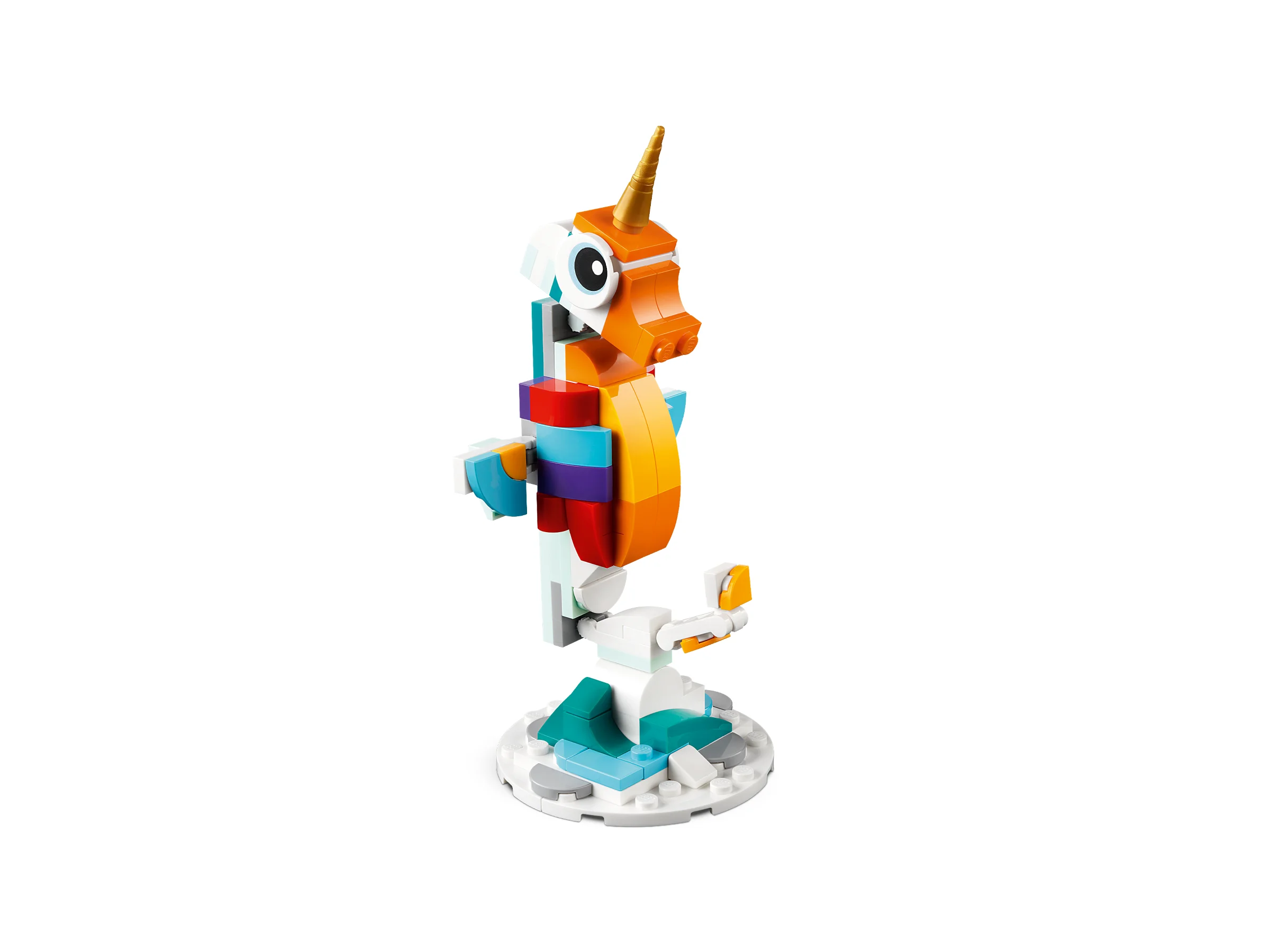 Unicornul magic LEGO 31140, colorat, pe o bază albă cu accente turcoaz.