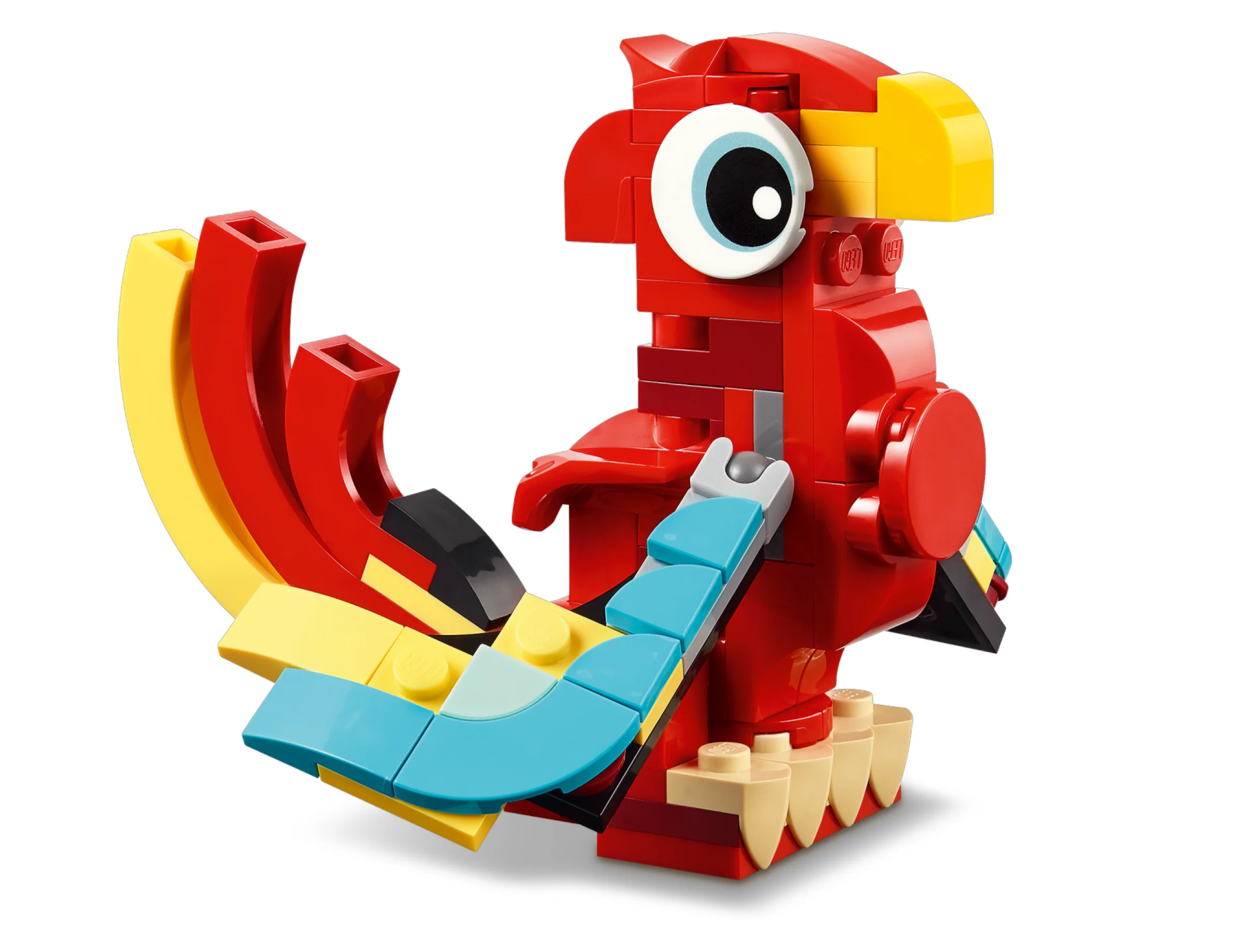 Model detaliat al papagalului LEGO roșu, galben și albastru, din setul 31145.