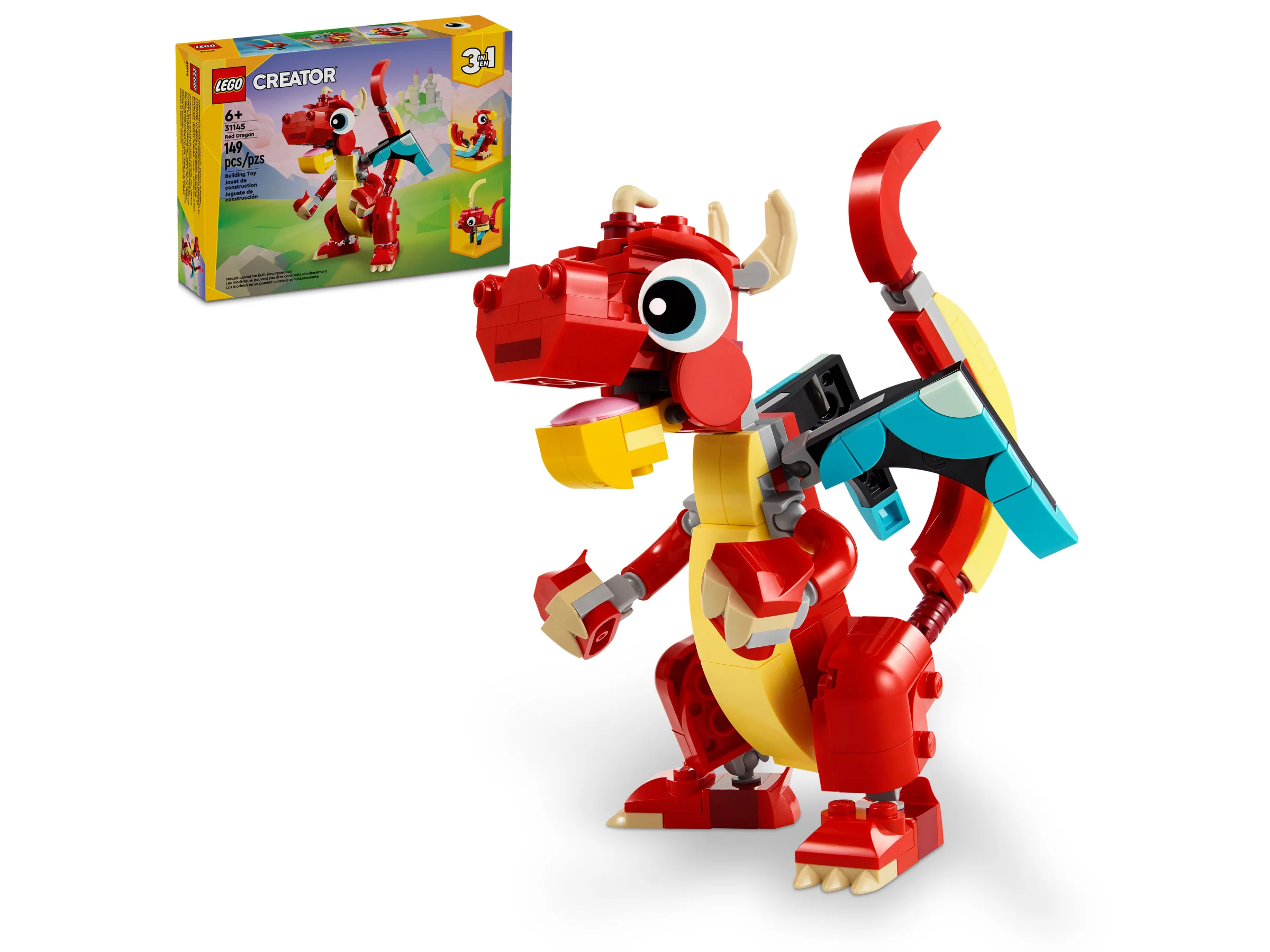 Imagine cu dragonul roșu LEGO Creator 31145 și cutia setului. Un model colorat și distractiv.