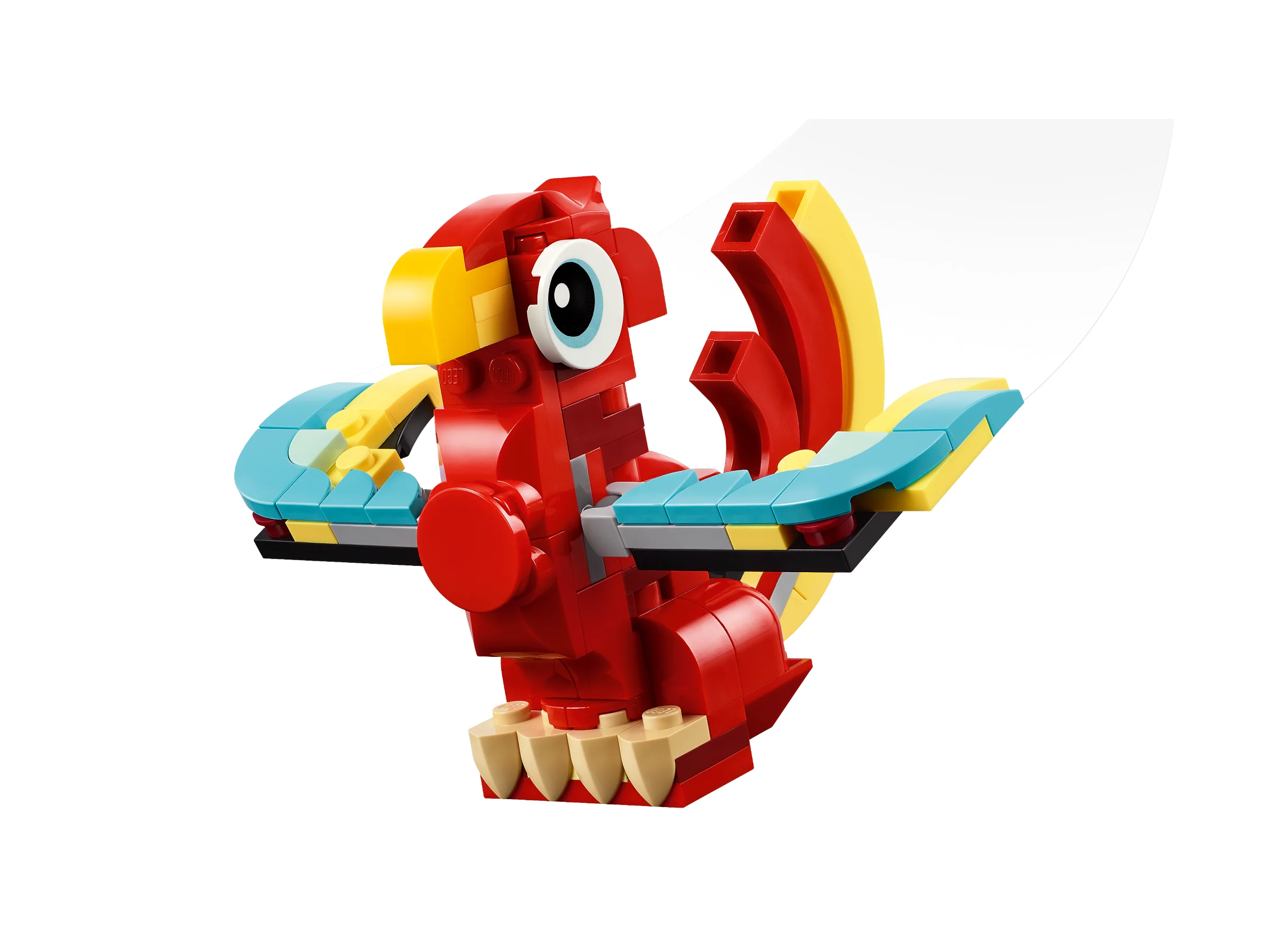 Modelul principal al dragonului roșu LEGO Creator 31145. Detaliu aripi și ochi mari.
