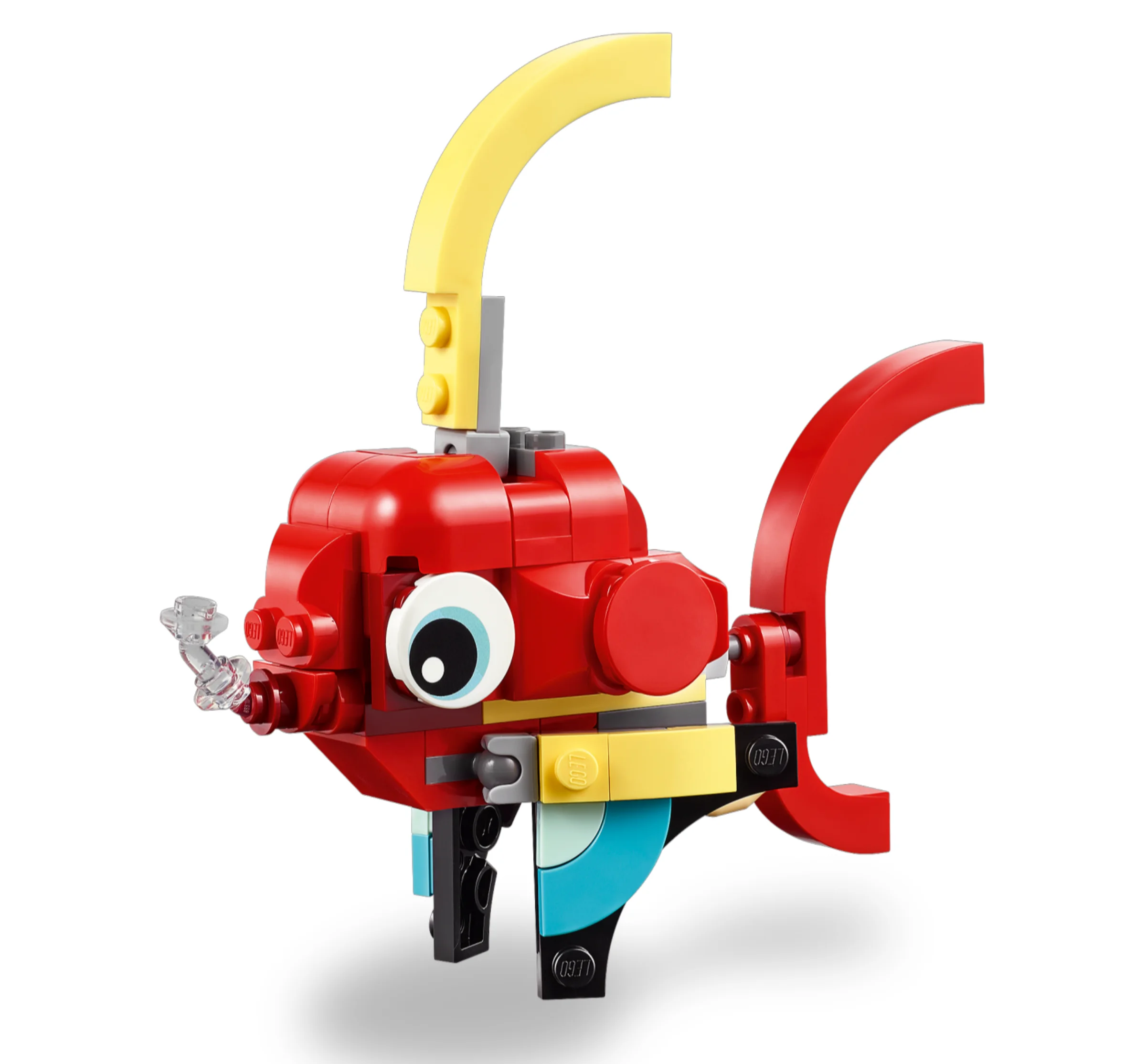 Un pește roșu LEGO Creator 3-în-1, cu detalii galbene și albastre. Un model alternativ.