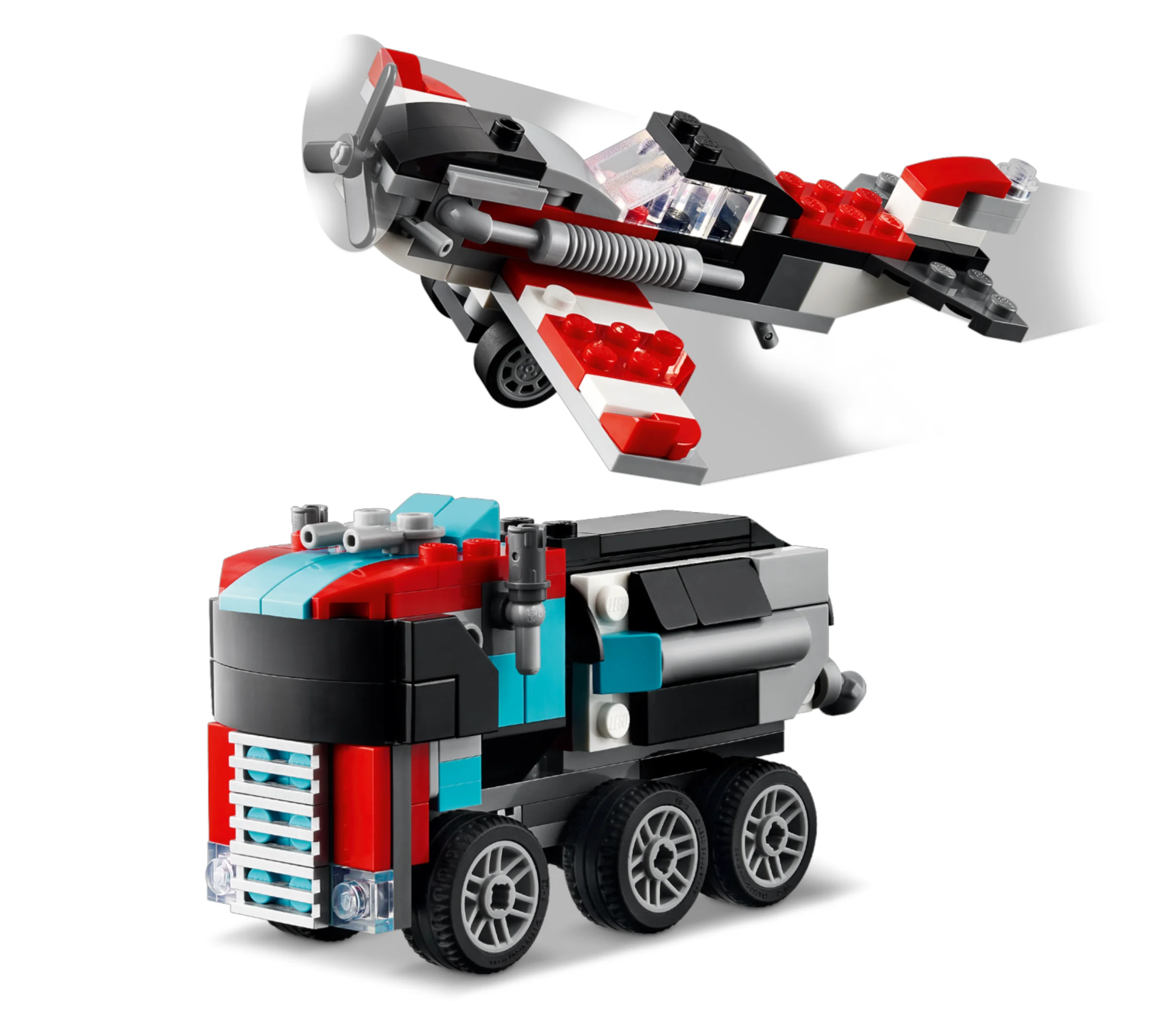 Imagine cu camionul și elicopterul din setul LEGO Creator 31146. Aspect detaliat al modelelor.