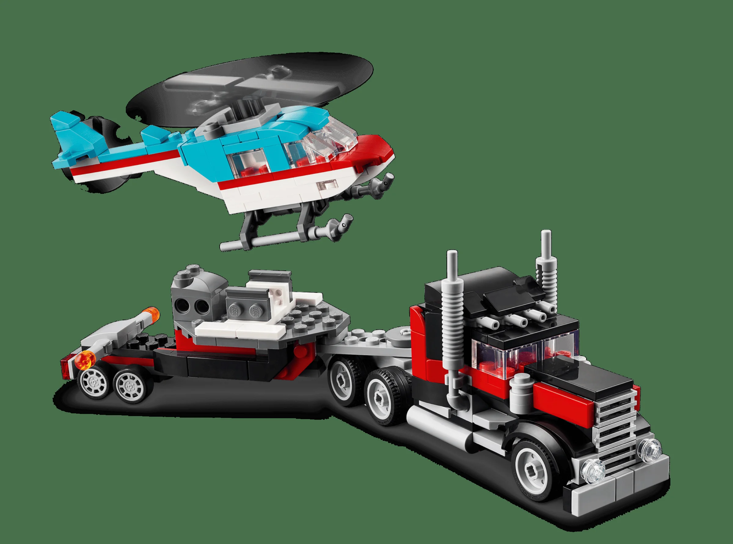 Camionul cu platformă și elicopterul, o combinație perfectă pentru aventuri construite din cărămizi LEGO.