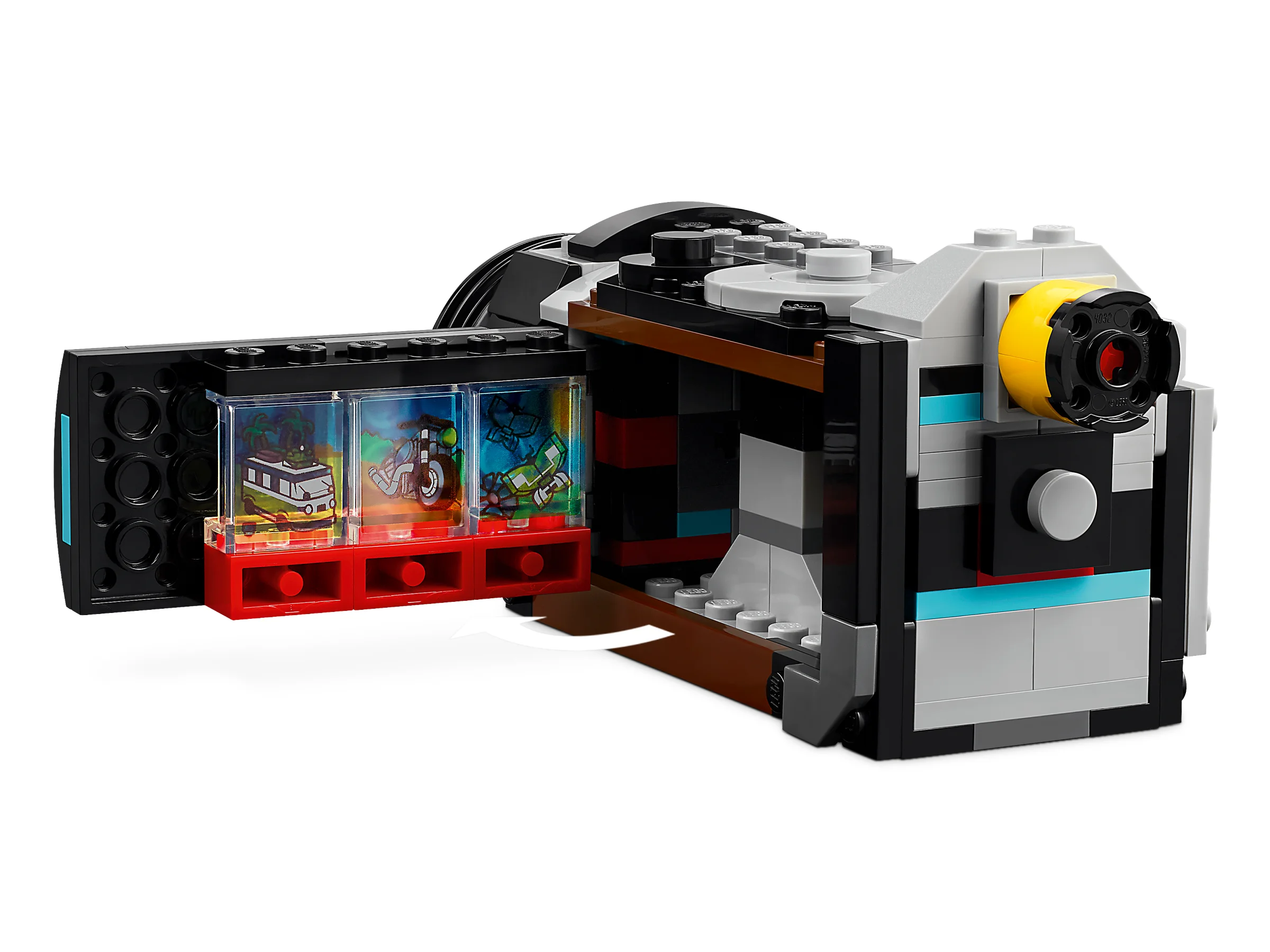 Imagine detaliată a modelului LEGO Cameră Retro (31147), cu vizorul deschis și pozele expuse.