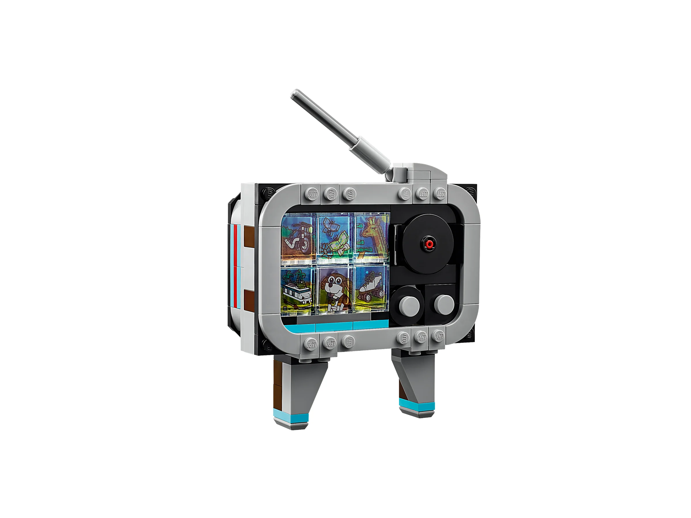 Modelul LEGO retro al unui televizor, cu ecran și antenă. Aspect nostalgic.