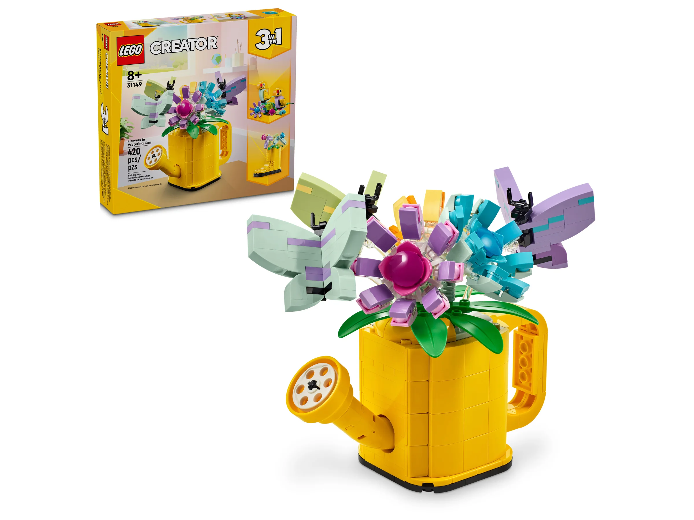Imagine cu setul LEGO 31149, „Flori în stropitoare”. Arată modelul și cutia.