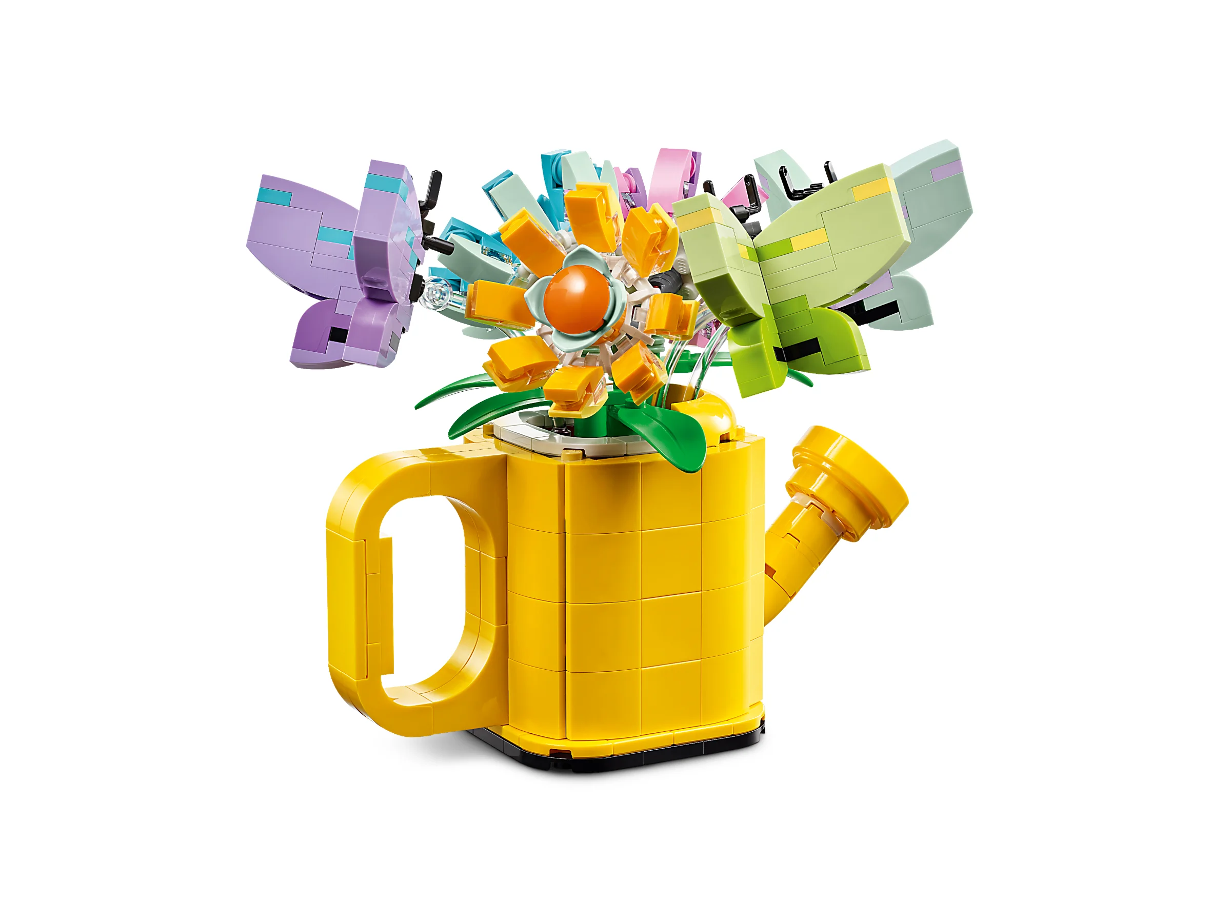 Udătoare galbenă LEGO® cu flori și fluturi colorați. Un cadou creativ pentru iubitorii de plante.