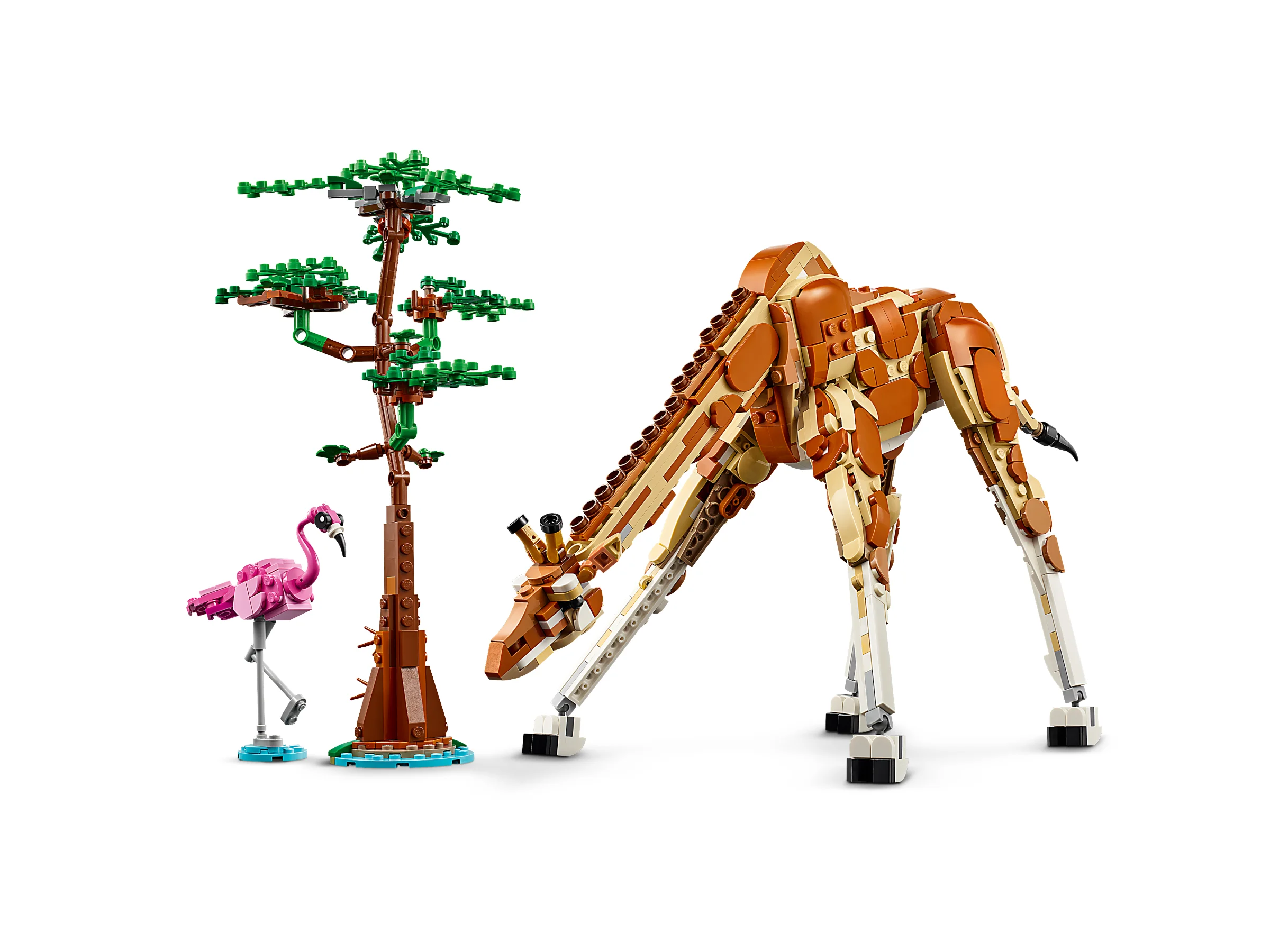 O imagine cu un set LEGO ce include o girafă, un flamingo și un copac. Un set Creator fantastic!
