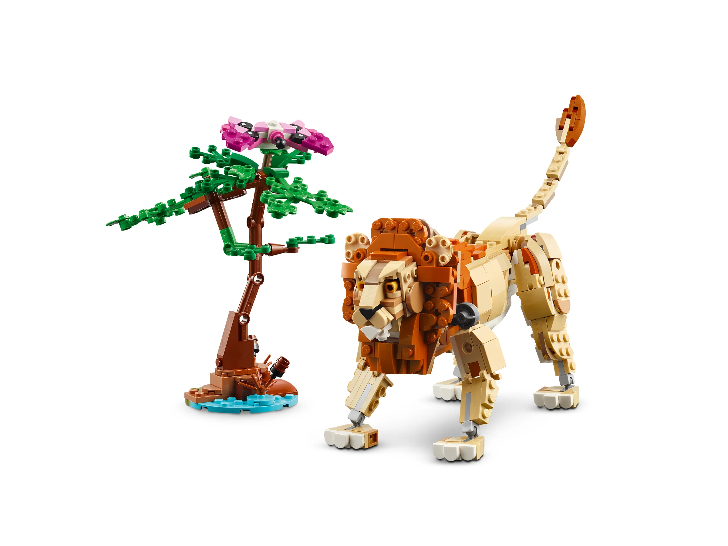 Leu LEGO și copac african cu flori roz, parte din setul Creator 31150.