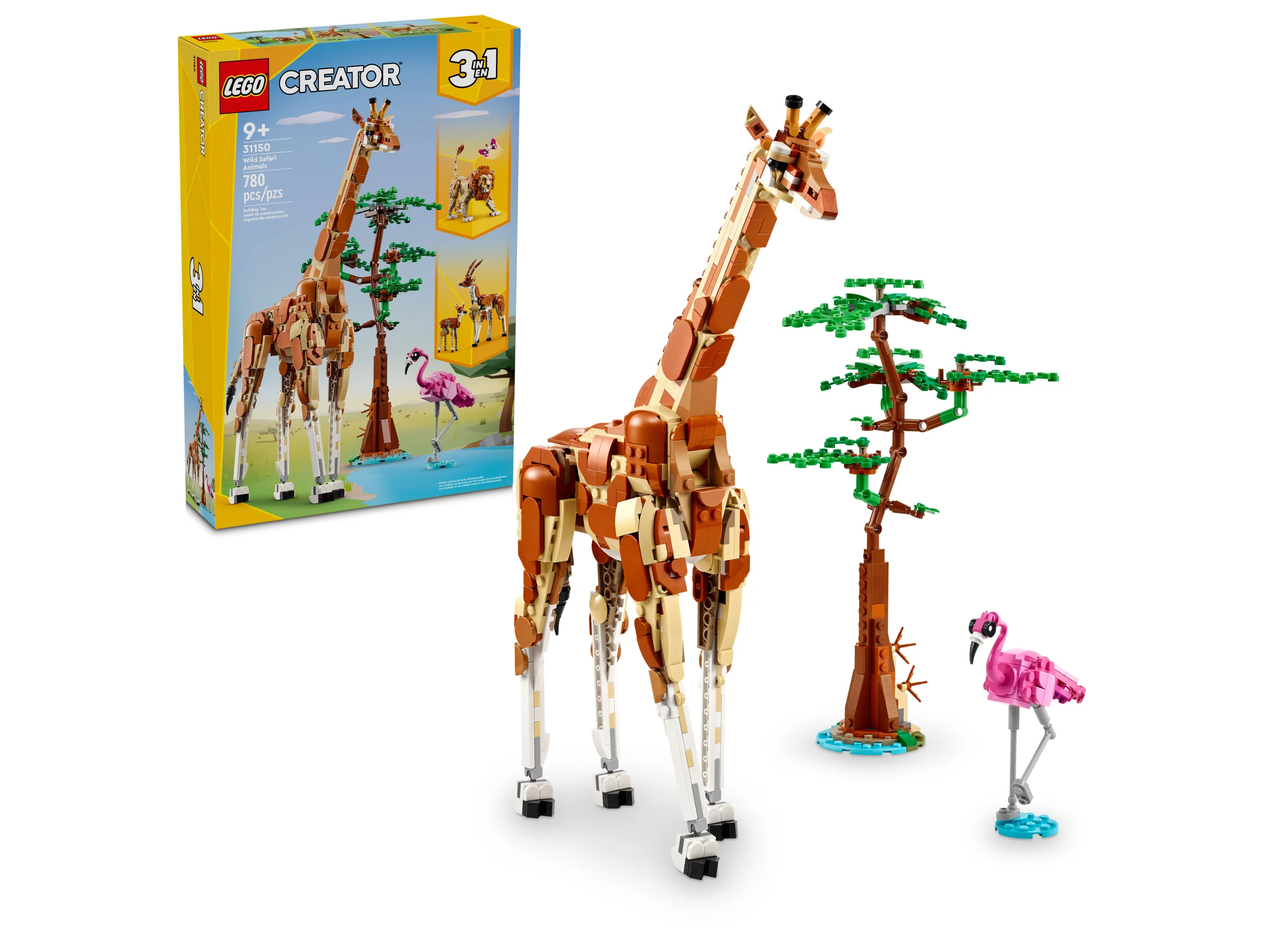 Imagine cu setul LEGO Creator 31150, Animale Safari Sălbatice. Include girafa, copacul și flamingo.