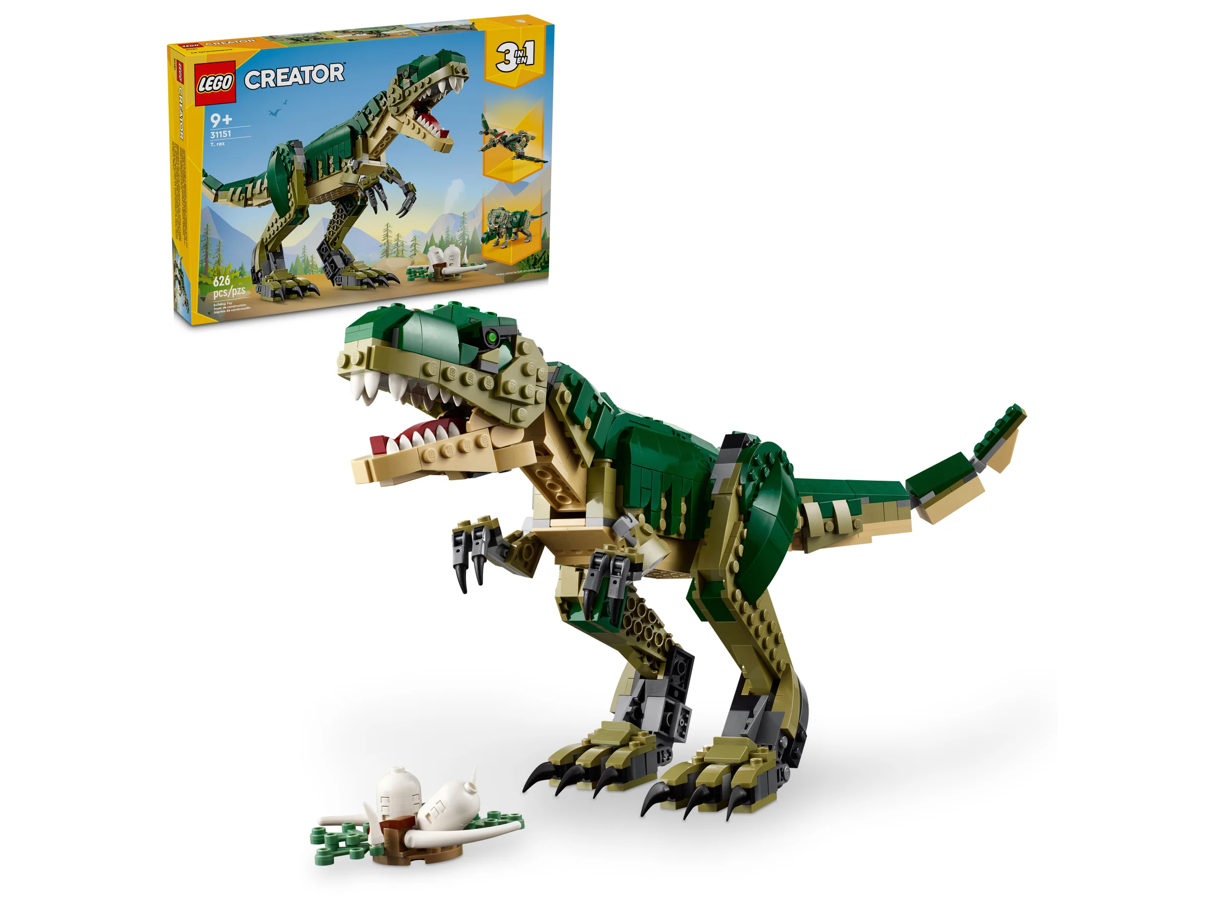 Imagine cu setul LEGO Creator 31151 T. rex și cutia acestuia. Modelul este detaliat și realist.