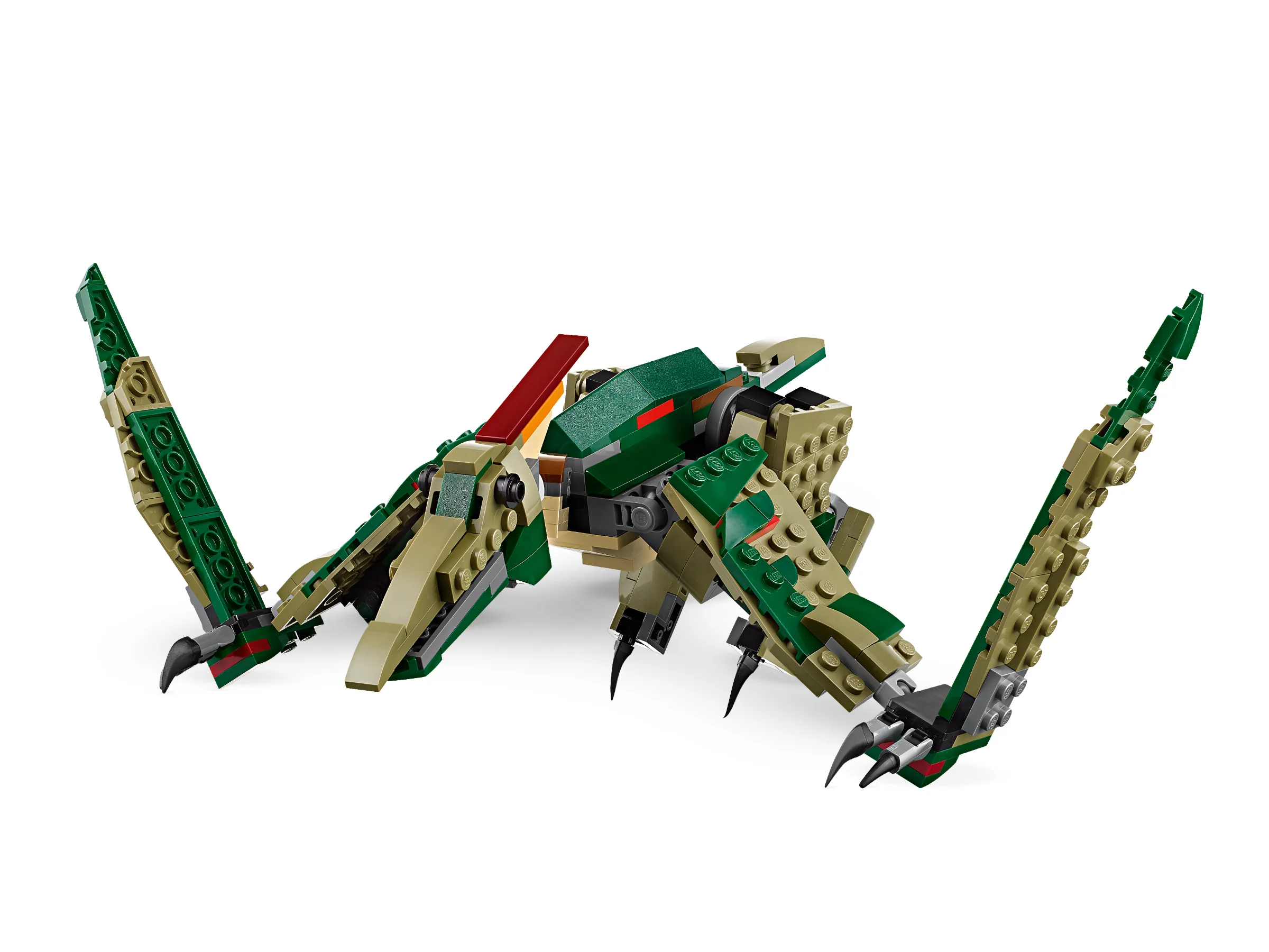 T-Rex LEGO Creator, detaliat, verde și bej, pe fundal alb. Aspect realist.