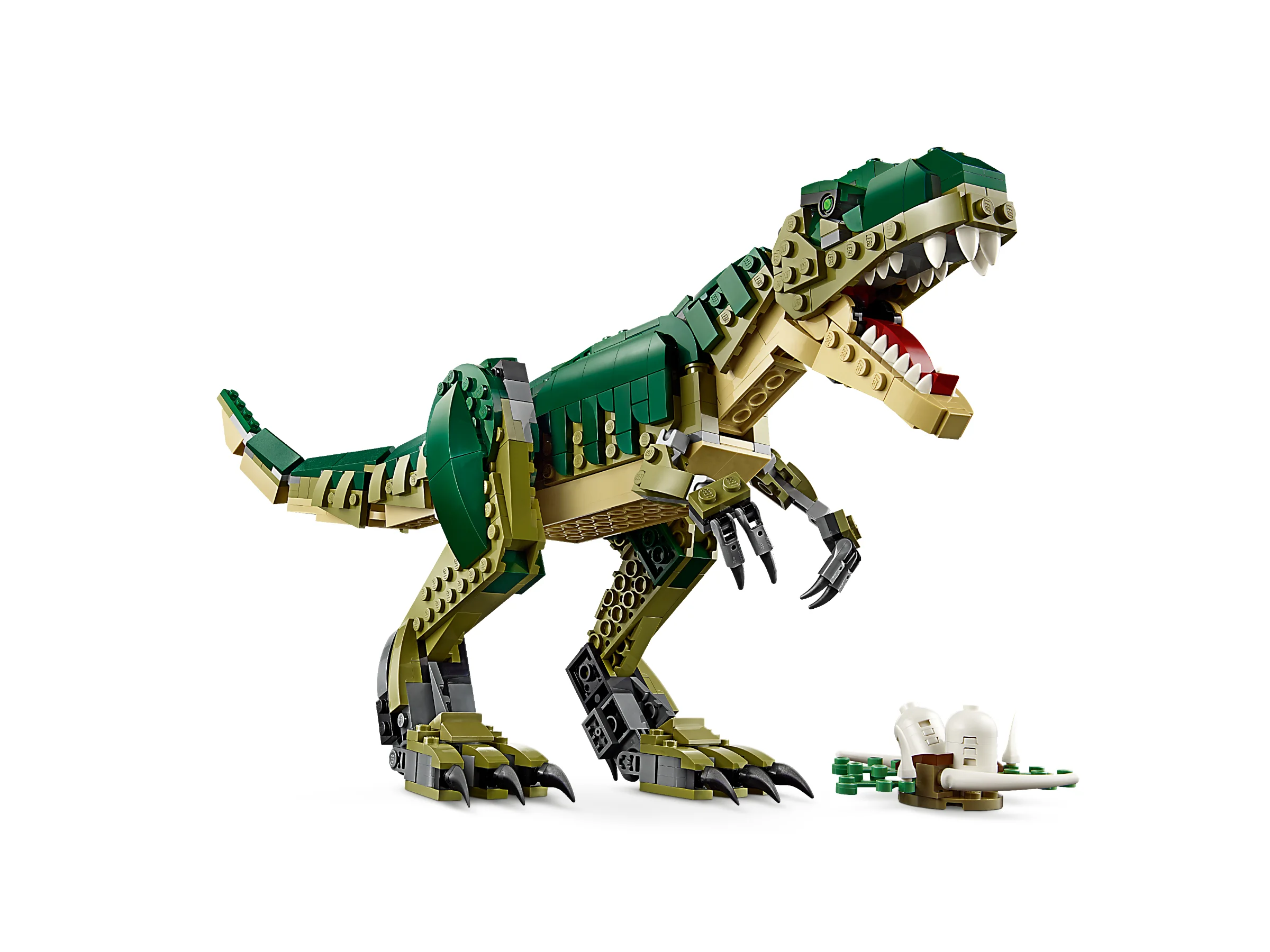 T-Rex verde construit din LEGO, cu maxilar deschis și oase lângă el.