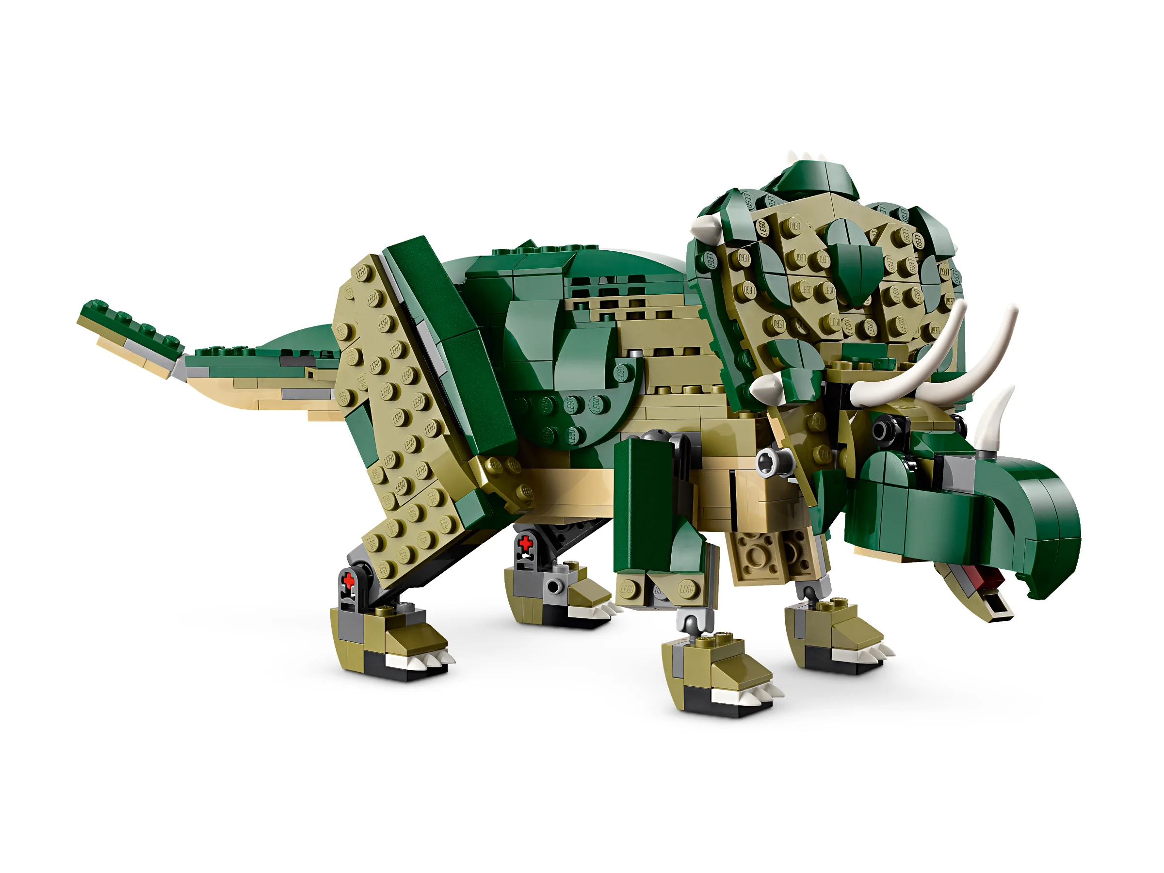 Imagine cu un triceratops construit din piese LEGO Creator, verde și maro. Detalii fine.