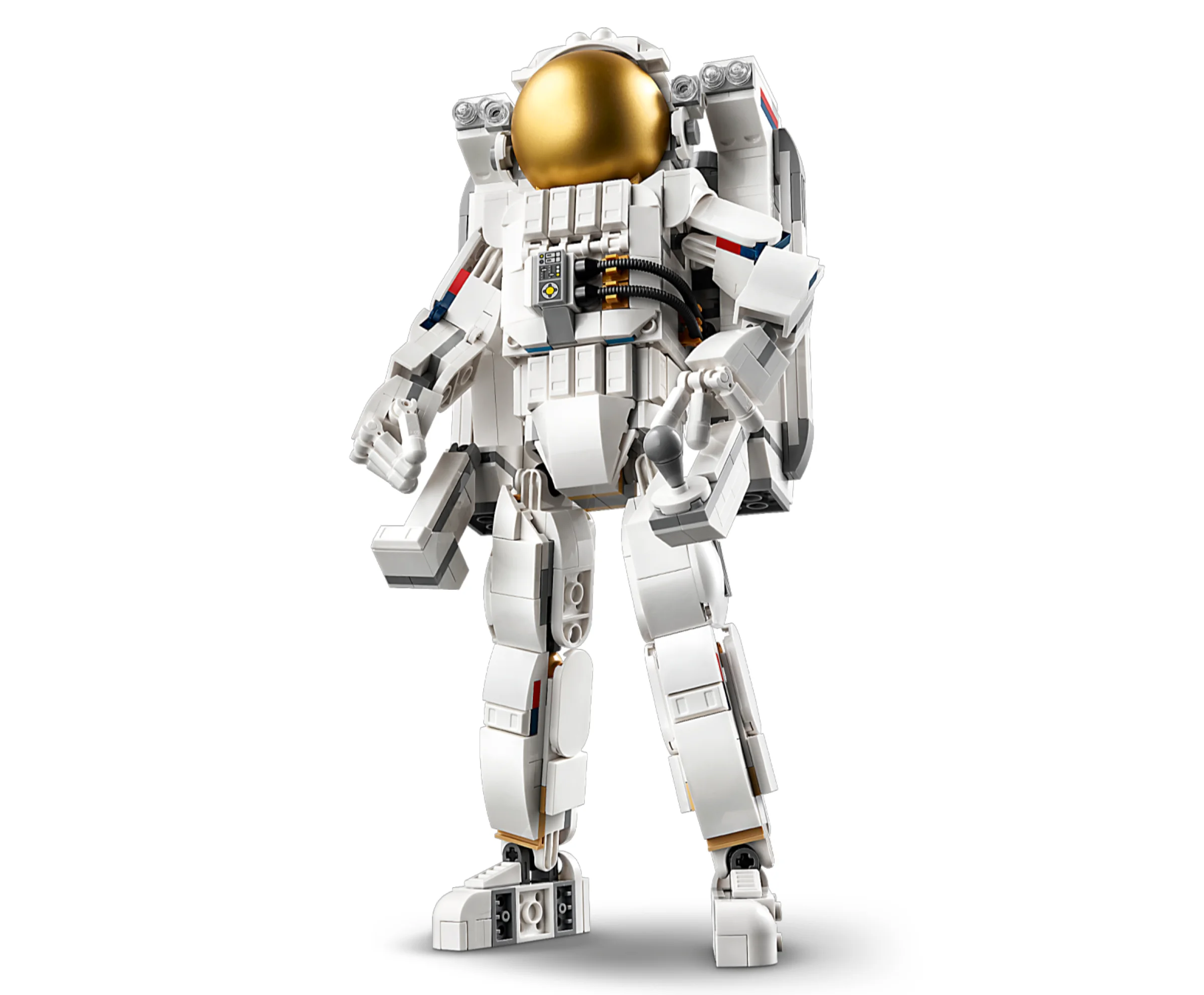 Astronaut LEGO alb, cu vizor auriu și rucsac. Aspect detaliat și realist.